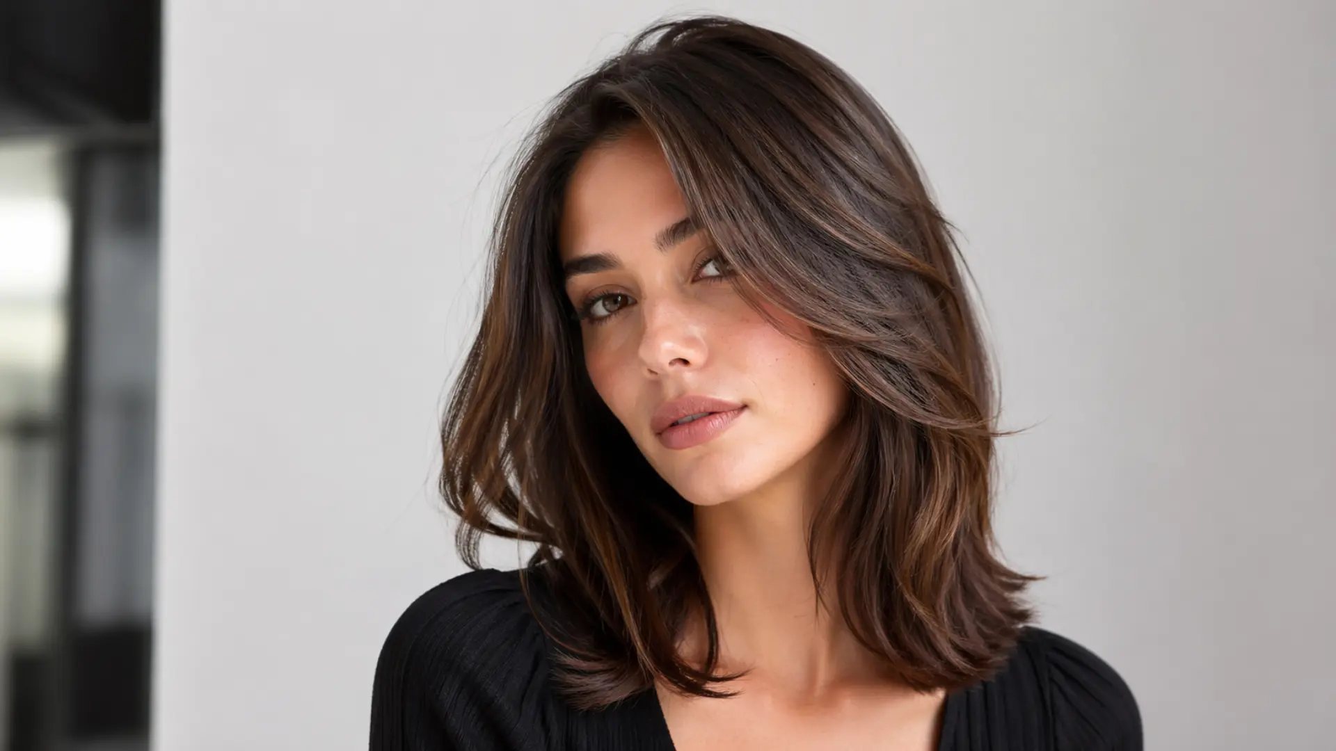 Woman with shoulder length layered brown hair, soft face framing layers and natural volume with smooth finish