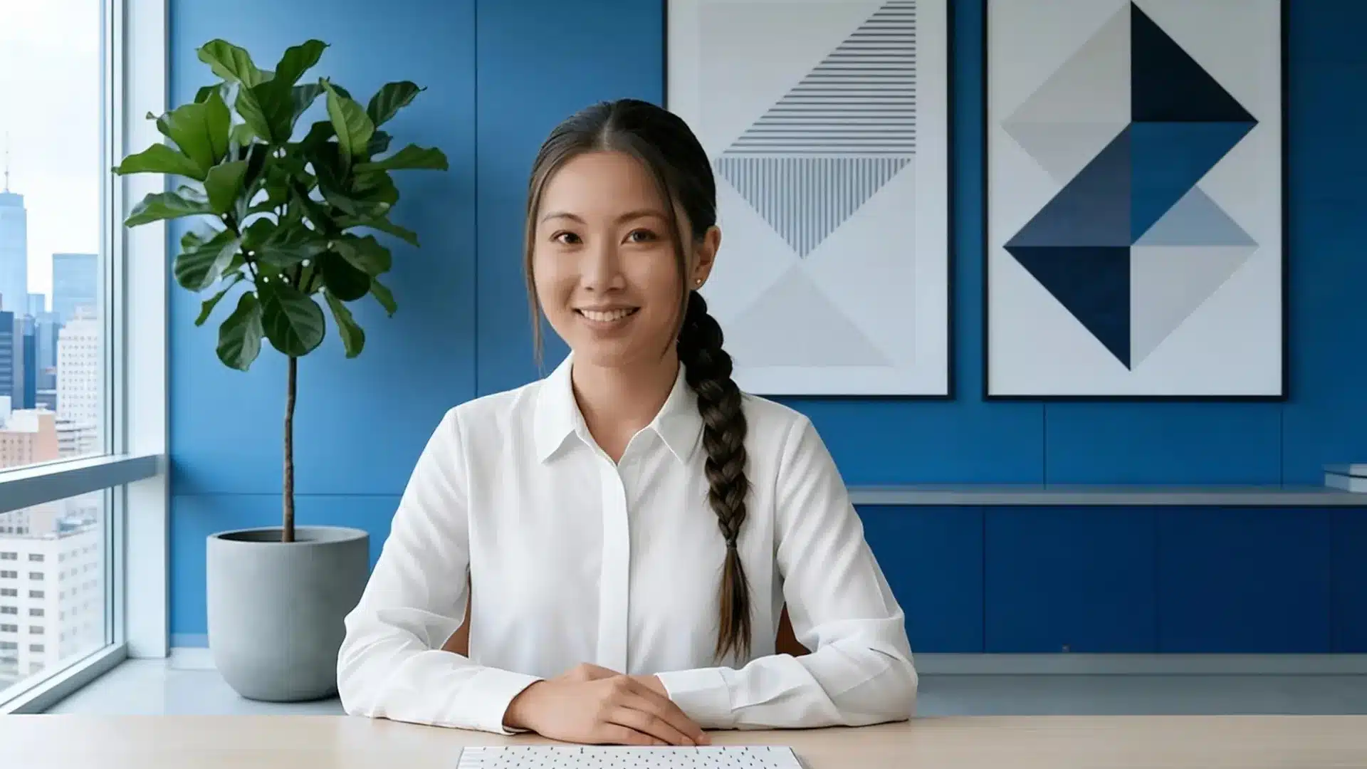 Woman with side braid smiling in modern office workspace with blue wall decor and natural lighting