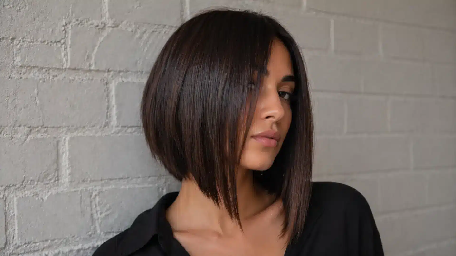 Woman with sleek asymmetrical bob haircut, longer front pieces, smooth straight brown hair and sharp modern finish