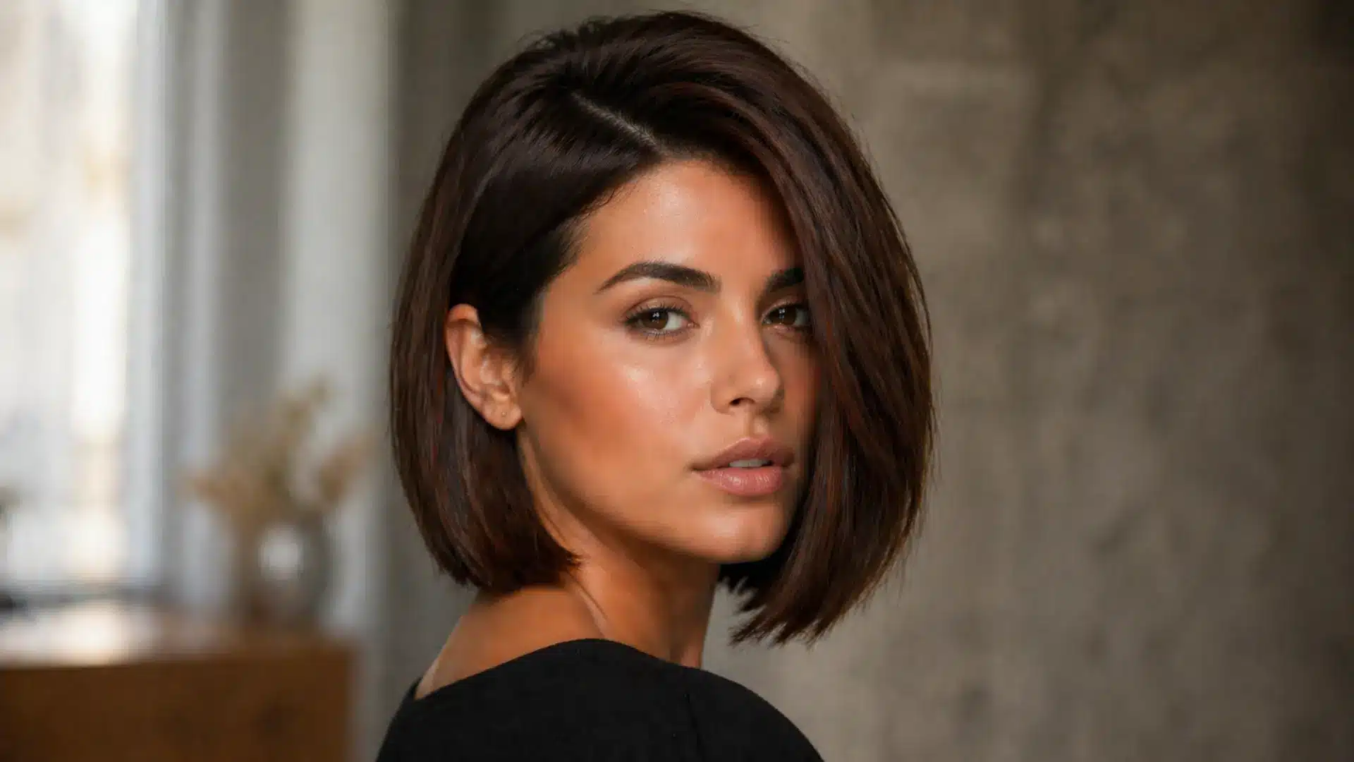 Woman with sleek chin length bob haircut, side part, smooth brown hair and polished finish, natural makeup look
