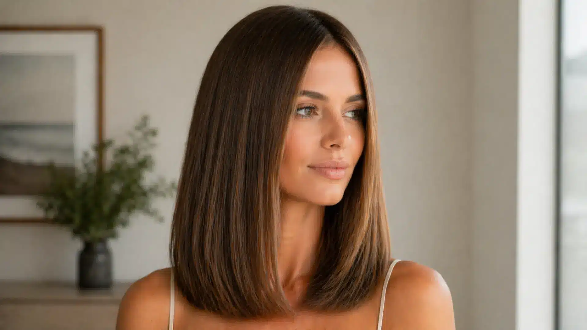 Woman with sleek straight shoulder length brown hair, center part, smooth finish and natural indoor lighting