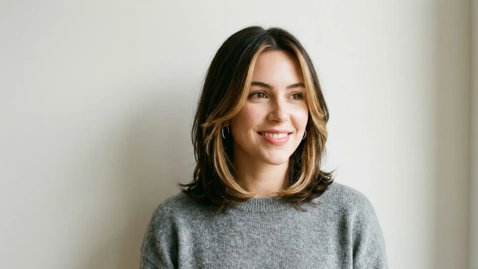 Woman with soft face framing highlights on shoulder length brunette hair with natural layered waves