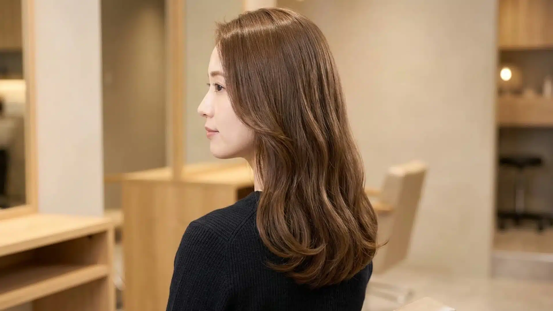 Woman with Soft U-Shaped Cut, layered dark brown hair styled in a smooth blowout
