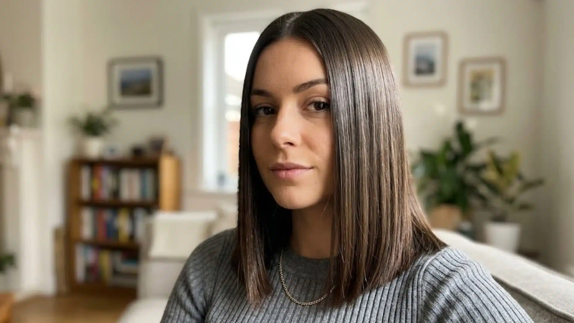 Woman with Straight Sleek Lob, layered dark brown hair styled in a smooth blowout