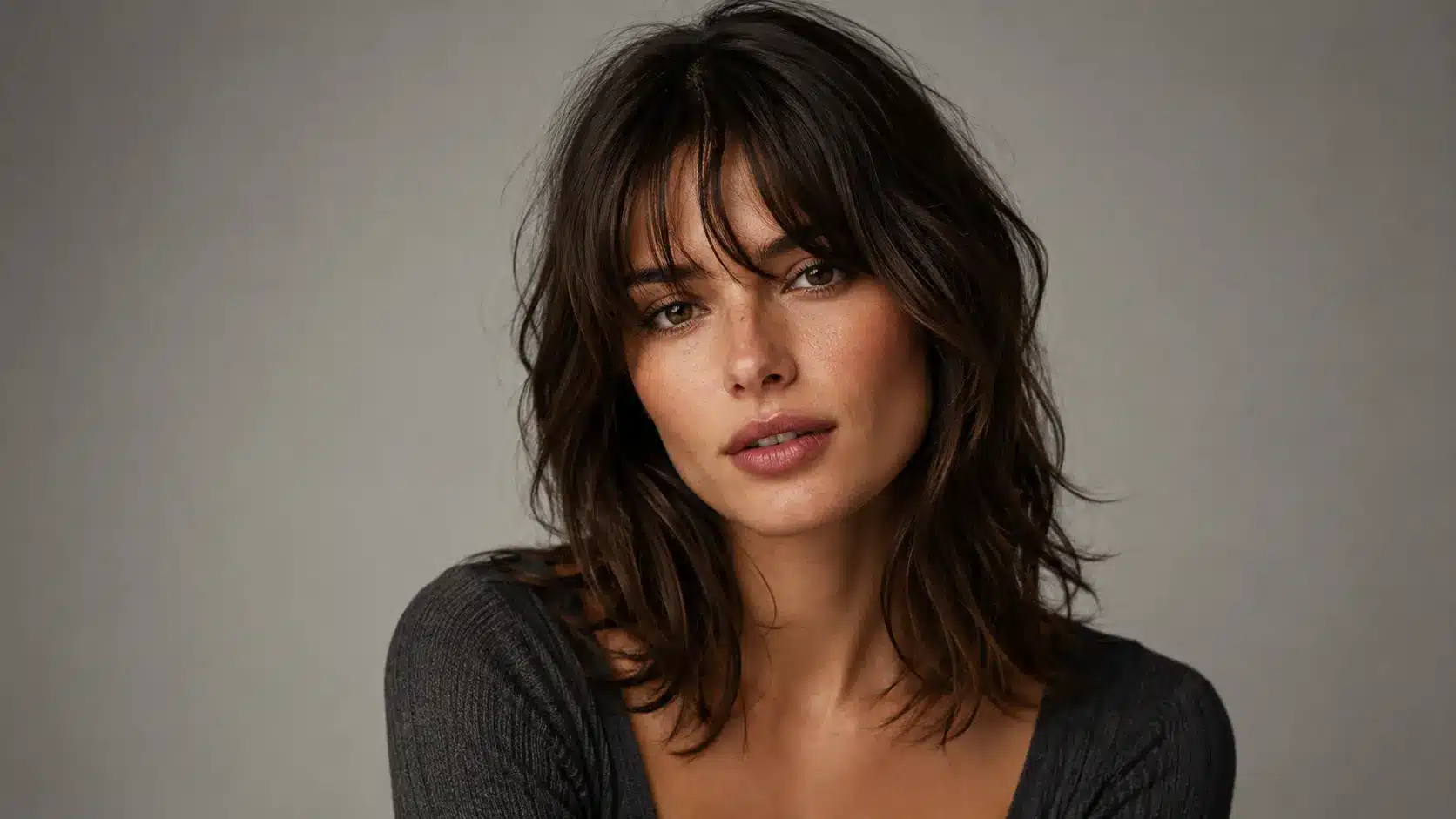 Woman with tousled Bardot bangs and soft waves wearing a gray top against a neutral background