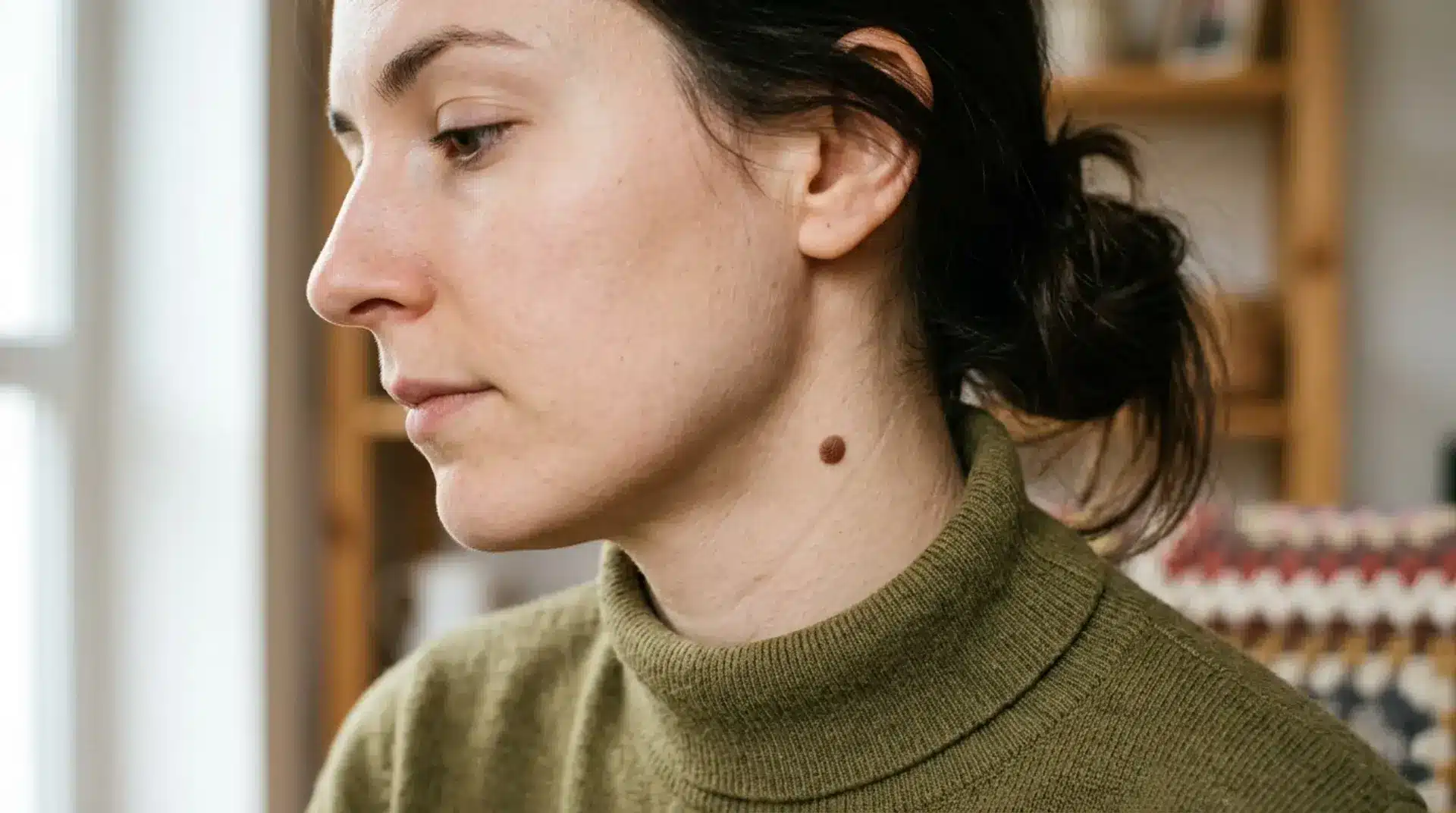 Woman with visible mole on neck before removal, close up natural skin detail and mole placement