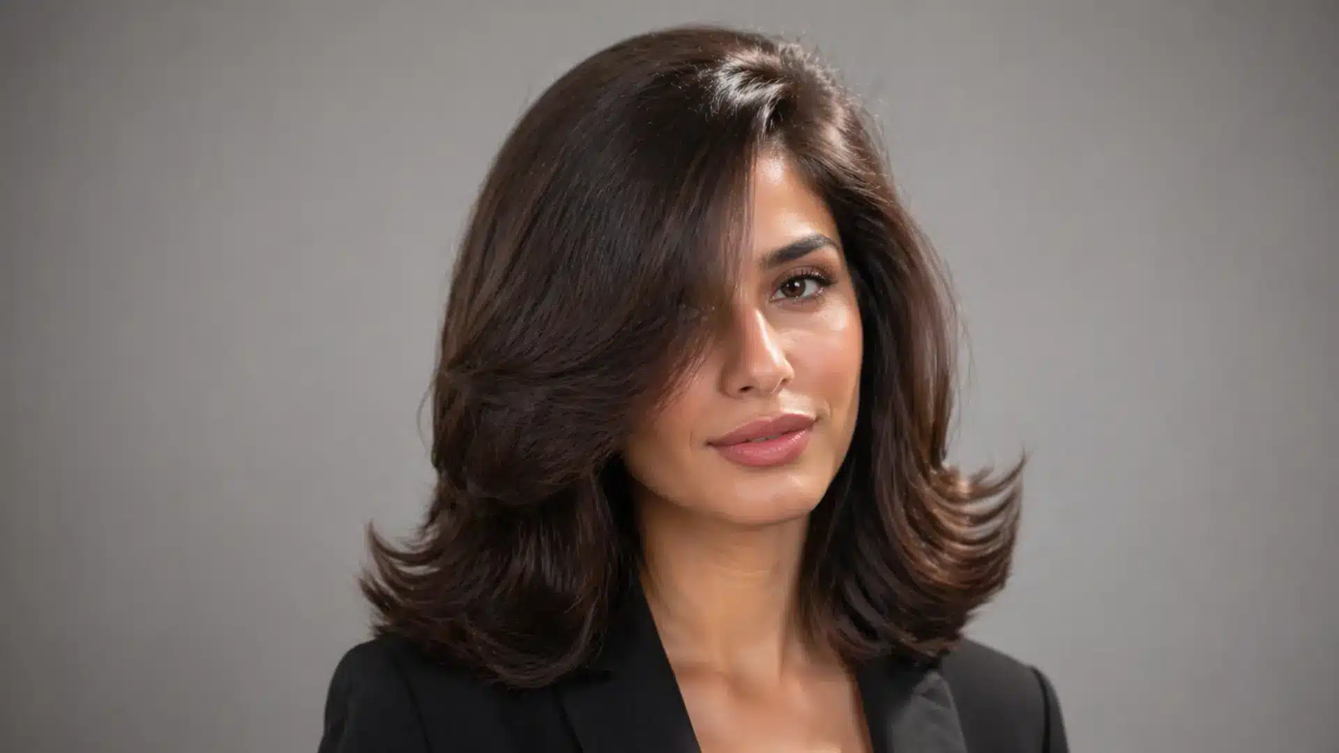 Woman with voluminous shoulder length layered hair, side swept bangs, soft blowout style and glossy finish