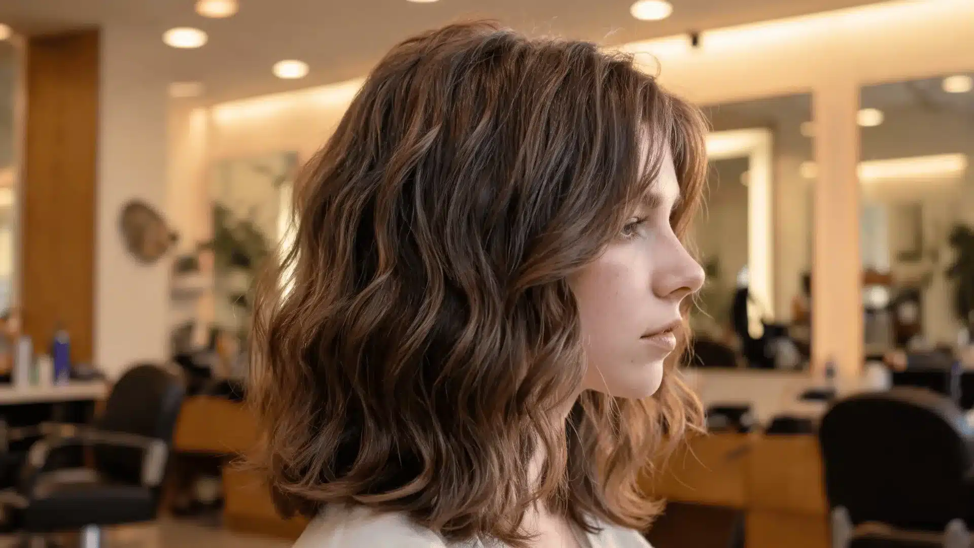 Woman with wavy brown shoulder-length hair shown in side profile inside a softly lit hair salon