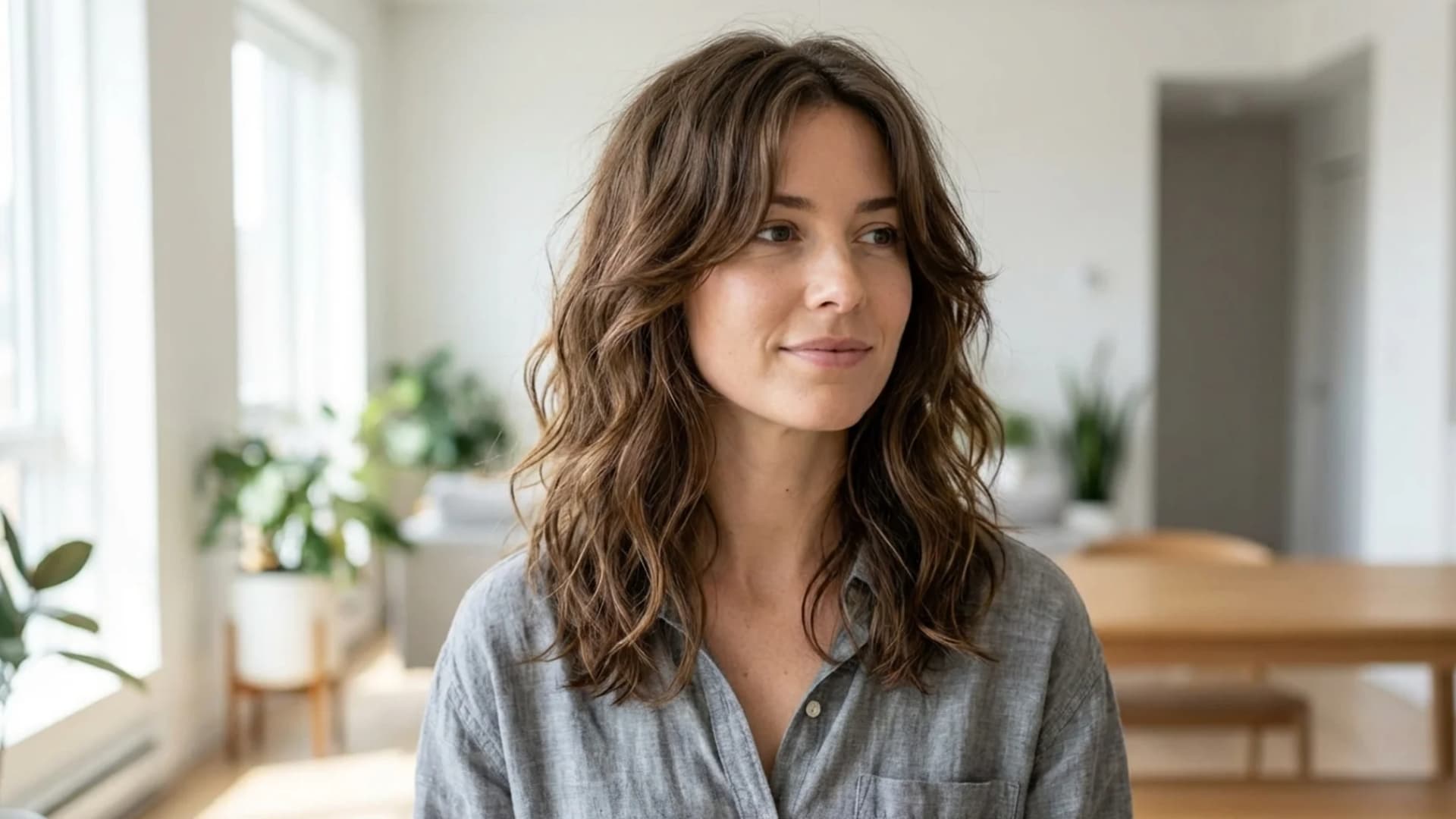 Woman withChin-Length Front Layers with Medium Length Back layered dark brown hair styled in a smooth blowout
