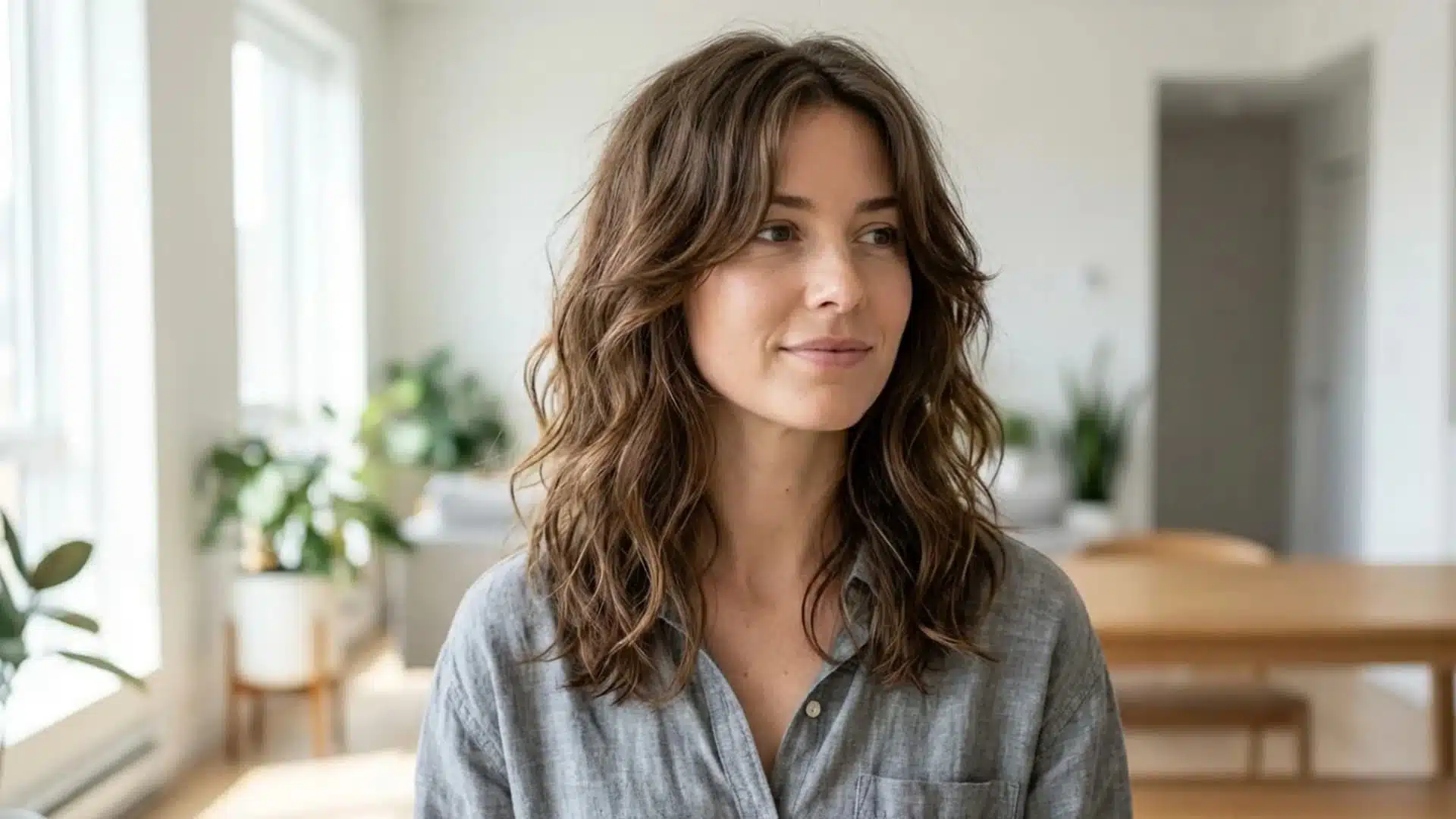 Woman withChin-Length Front Layers with Medium Length Back layered dark brown hair styled in a smooth blowout