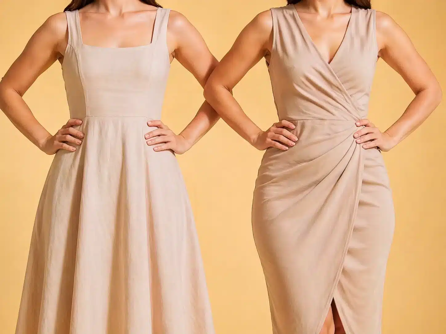 Women in fitted and flowy neutral dresses highlighting waist and hips on clean backdrop
