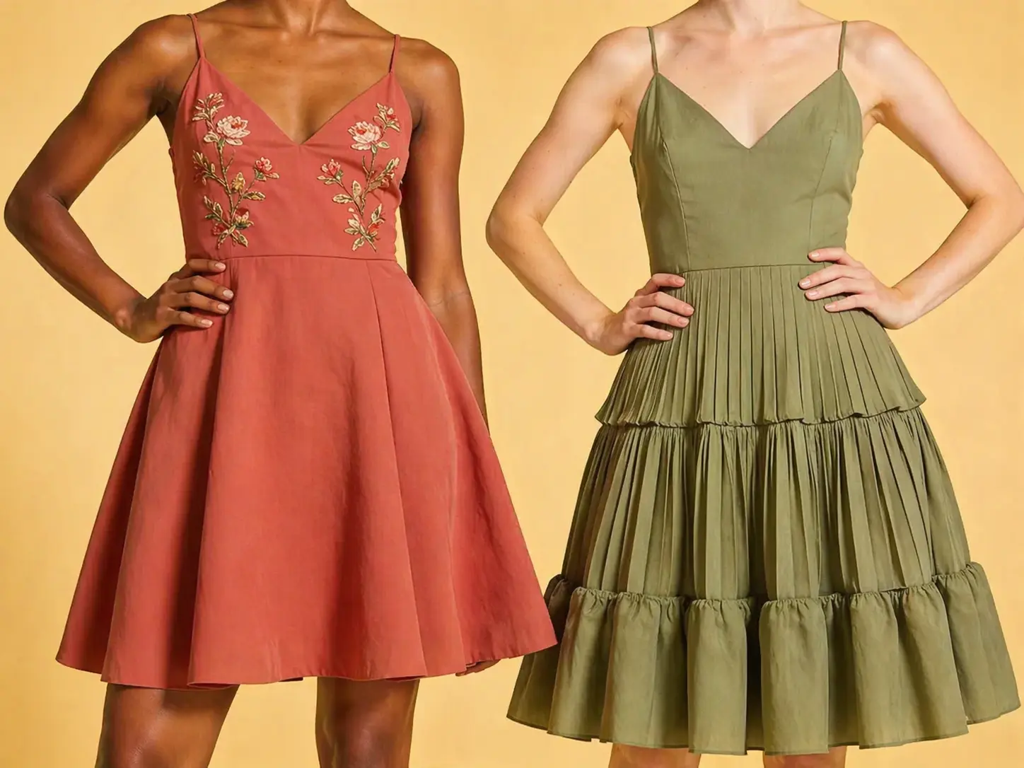Women wearing red and green dresses with structured tops on a soft light background
