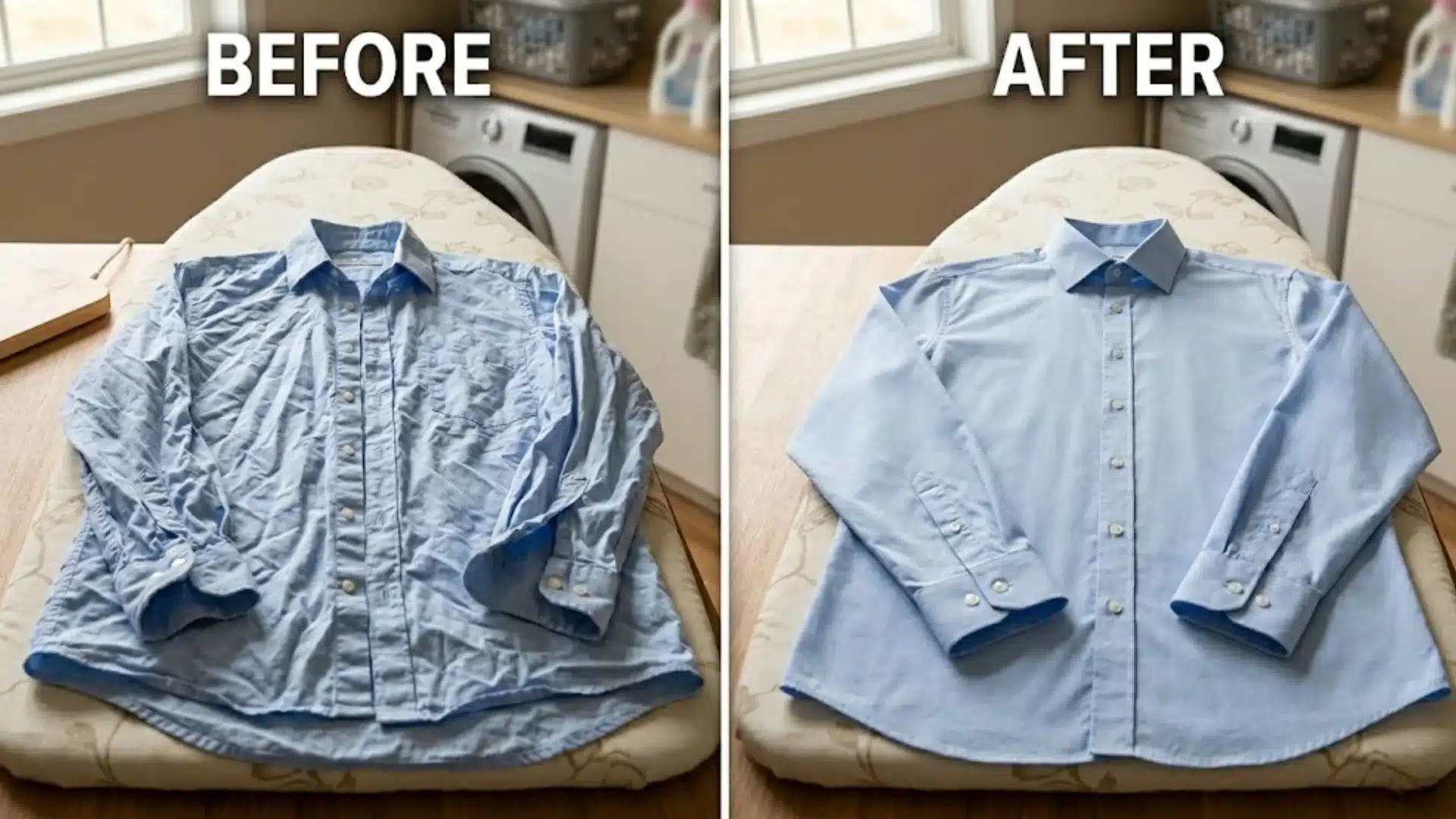 Wrinkled shirt before and smooth wrinkle-free shirt after using spray on ironing board