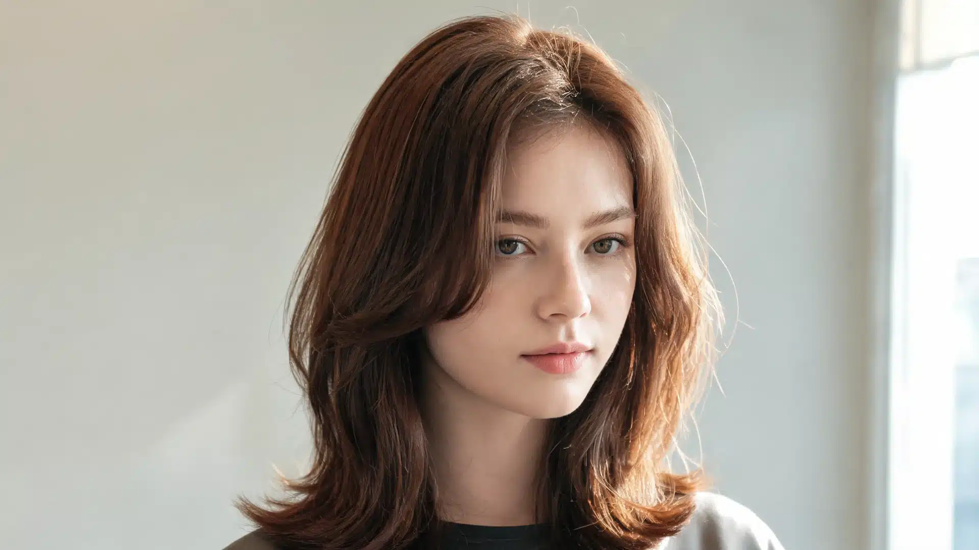 Young woman with shoulder-length brown hair standing near a bright window in soft natural light
