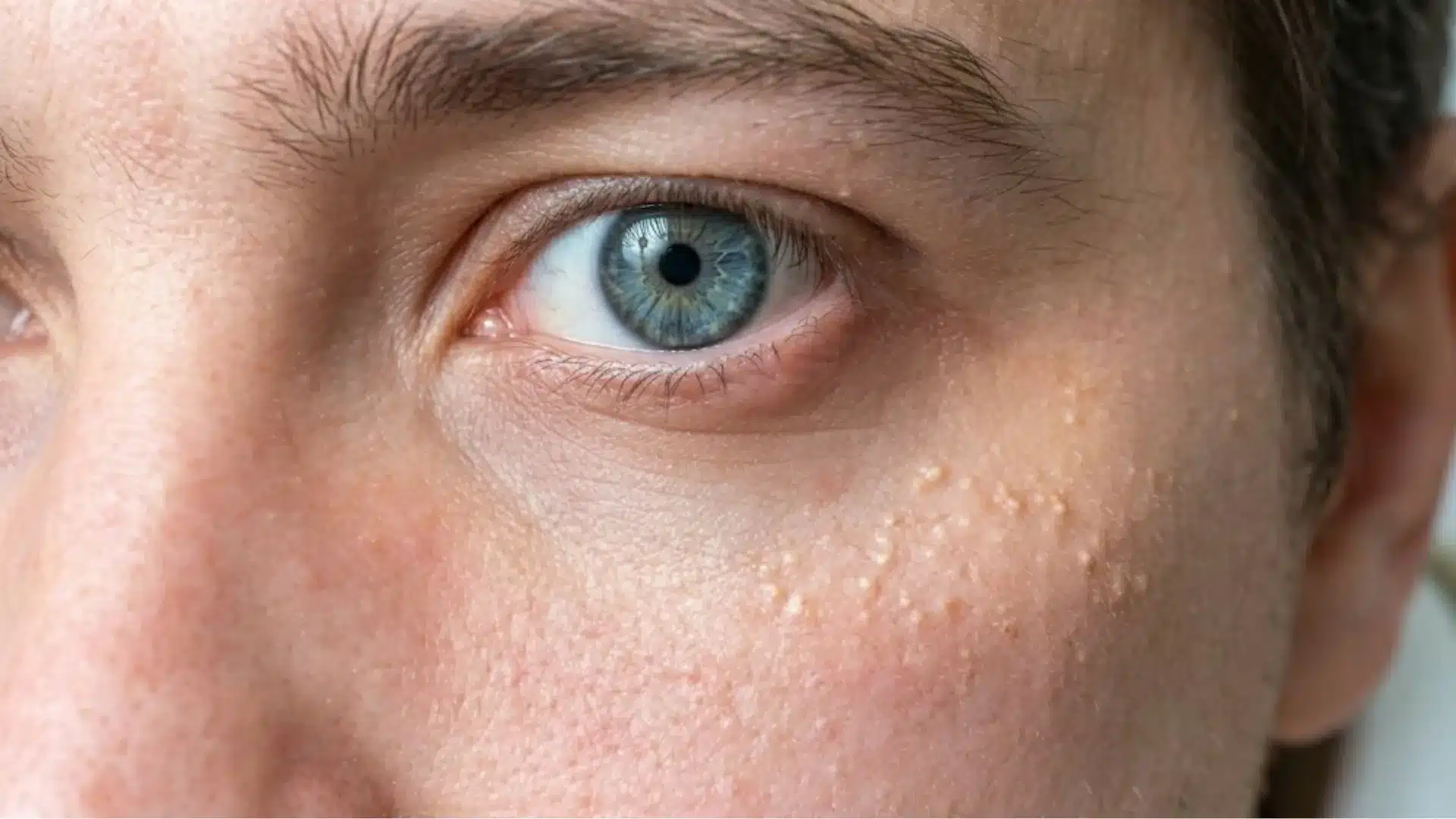 A macro photo of a human blue eye with multiple milia under and around it