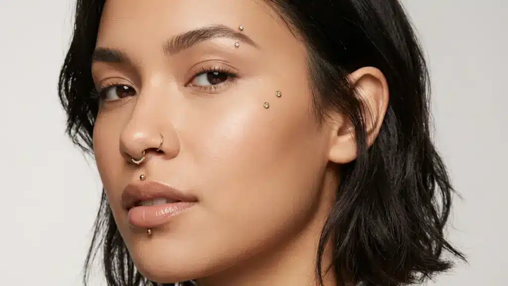 A person with multiple gold facial piercings, including an eyebrow, anti-eyebrow, nose, septum, and vertical labret