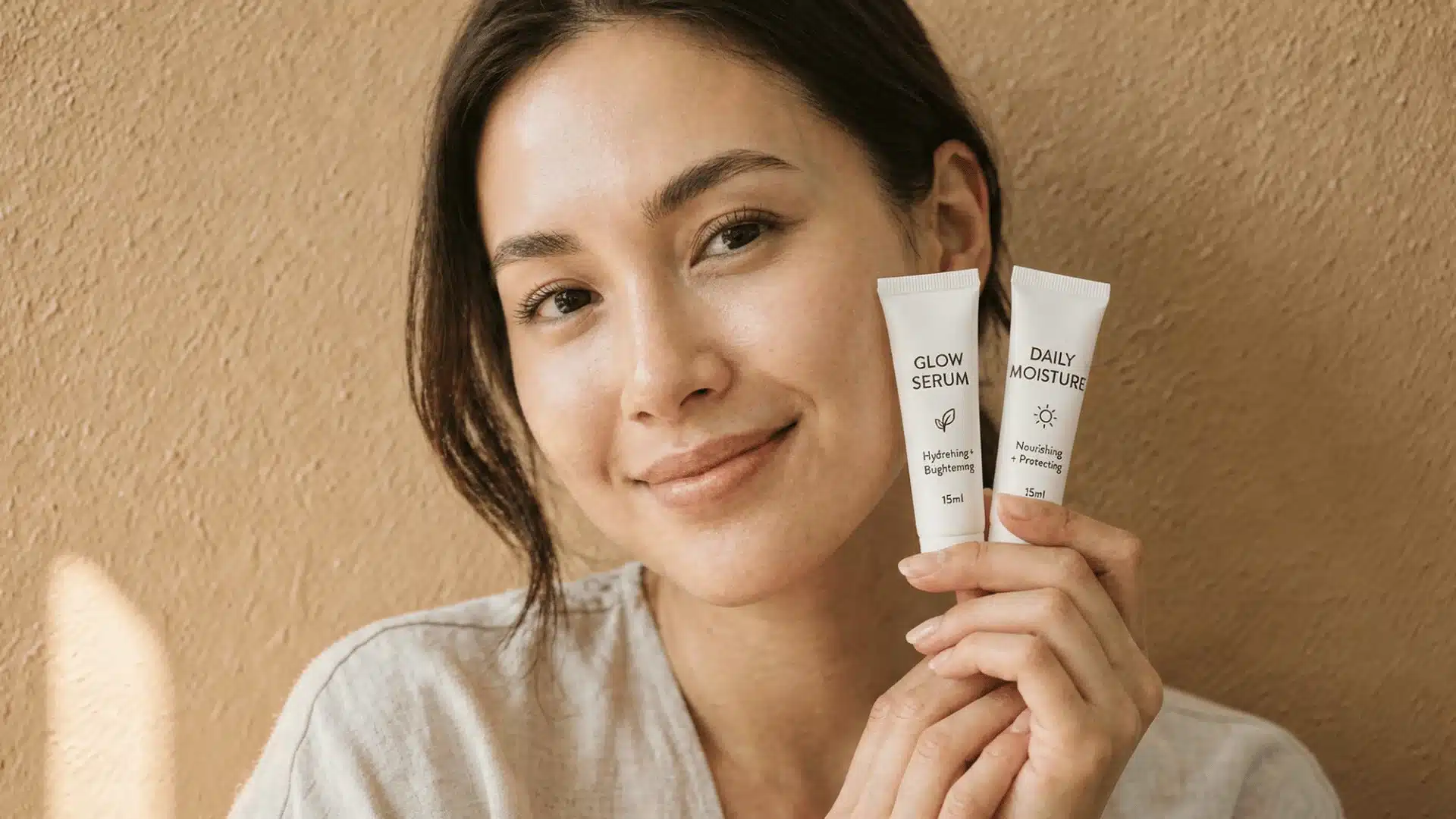 A smiling woman holding two small skincare tubes labeled glow serum and daily moisturizer