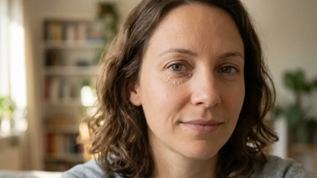 A woman with curly brown hair has small, white milia bumps under her right eye