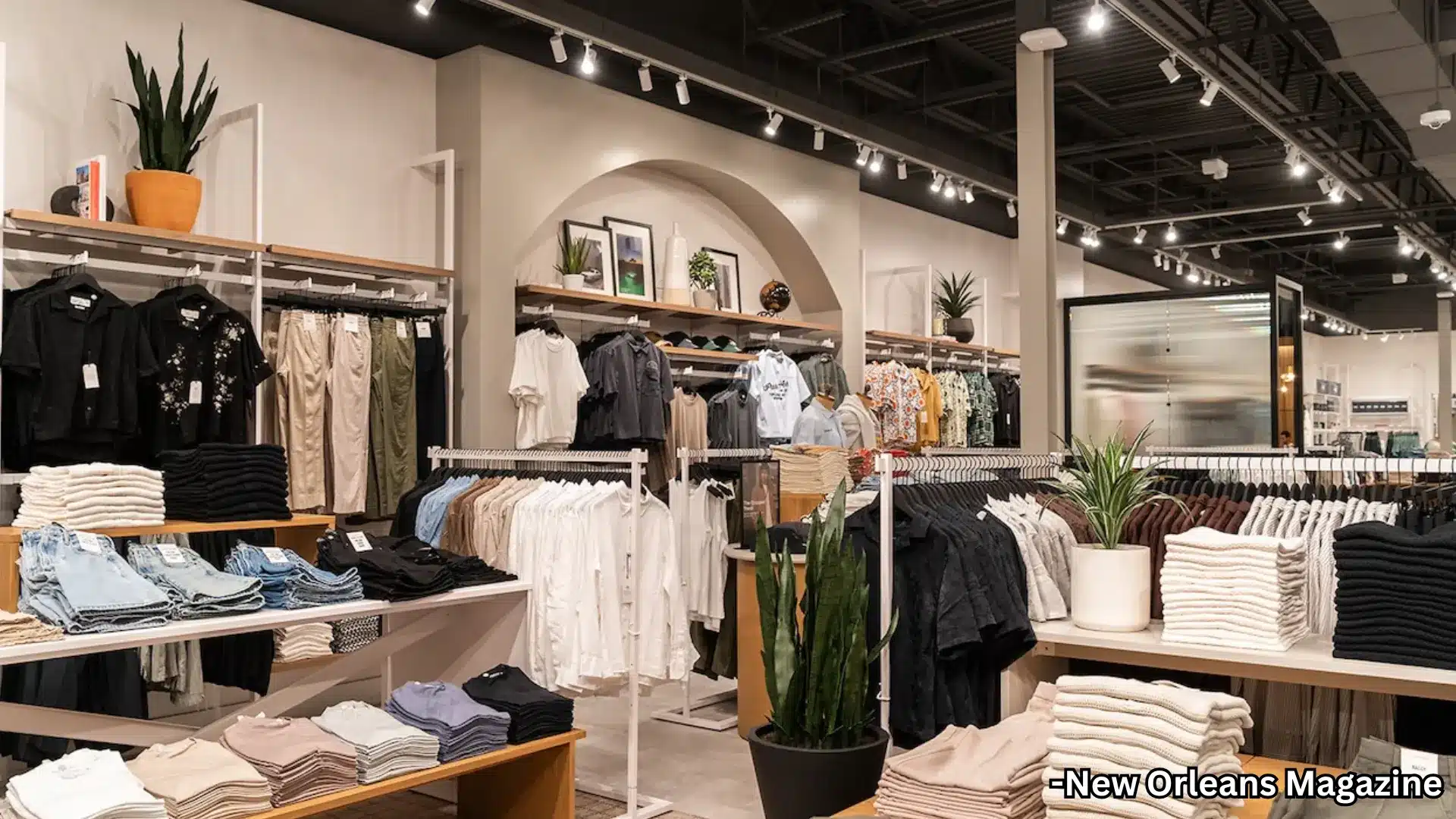 Abercrombie store interior with folded clothes, hanging apparel, plants, bright lighting, and clean retail displays