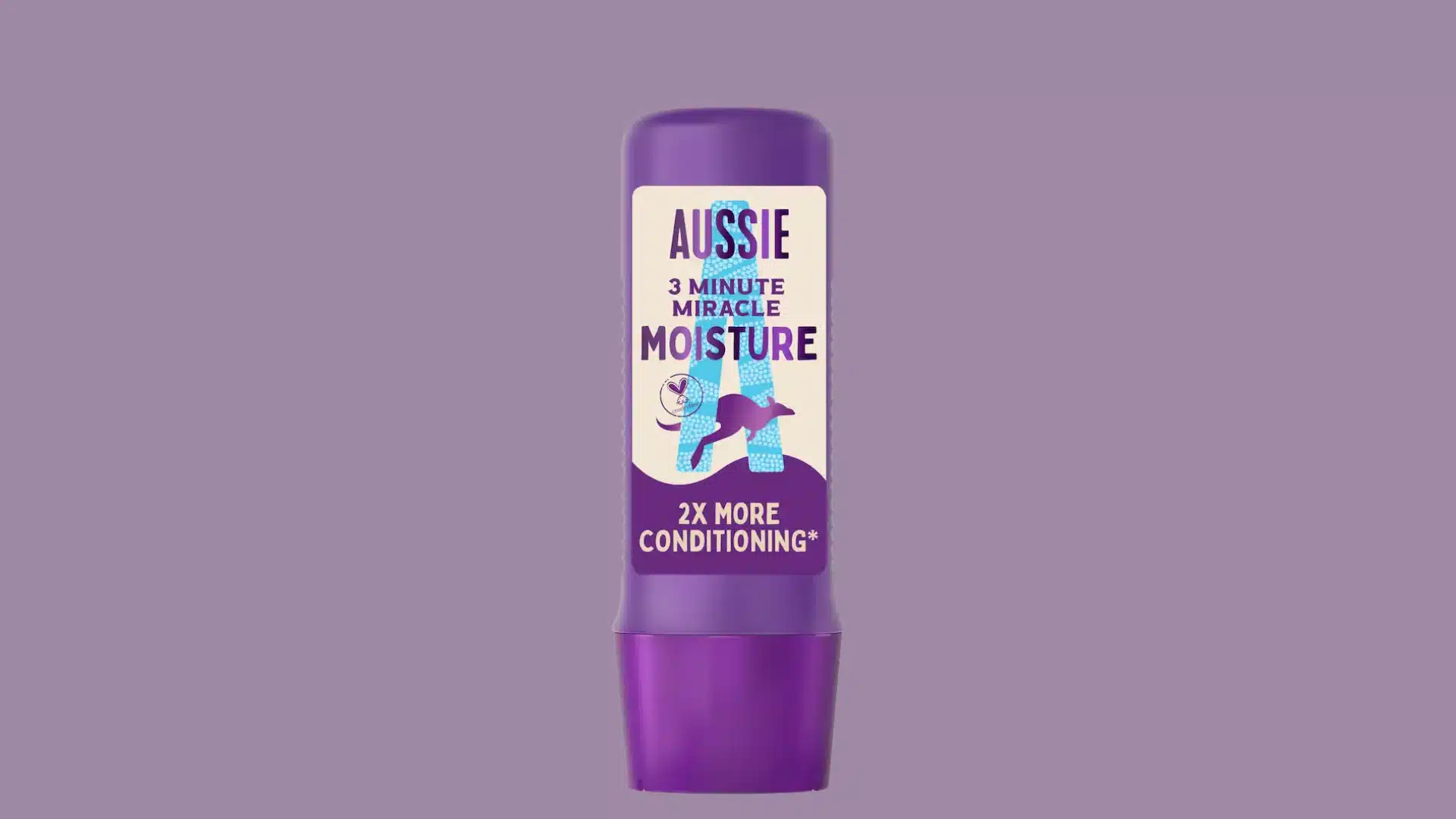 a bottle of Aussie 3 Minute Miracle Moisture hair conditioner on a purple background