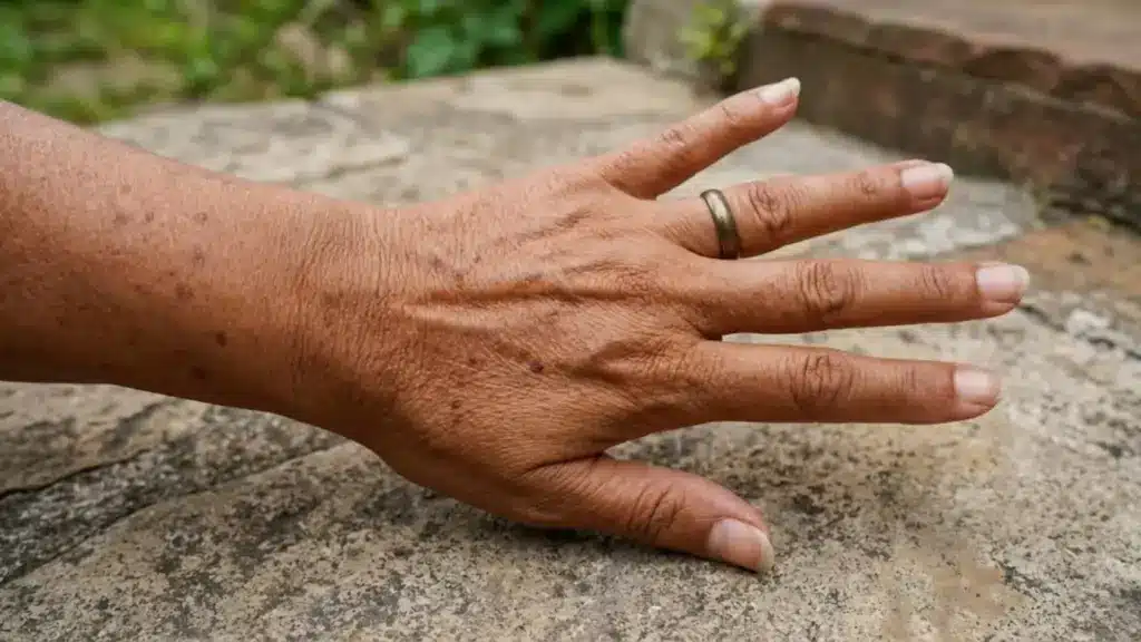 Aged hand outdoors with visible brown spots, wrinkles, and sun-exposed skin on stone surface