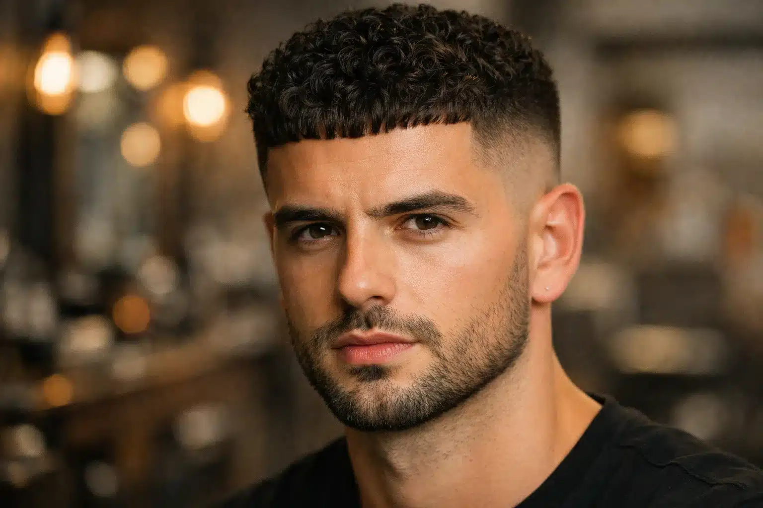 A handsome man with a curly crop haircut and a skin fade, featuring a short beard and a focused expression.
