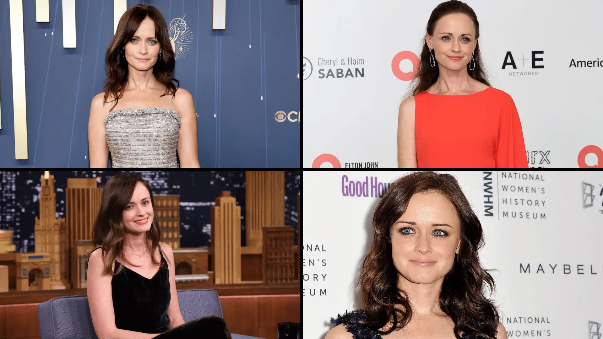 Alexis Bledel in soft red and black outfits showing cool undertones and balanced winter contrast