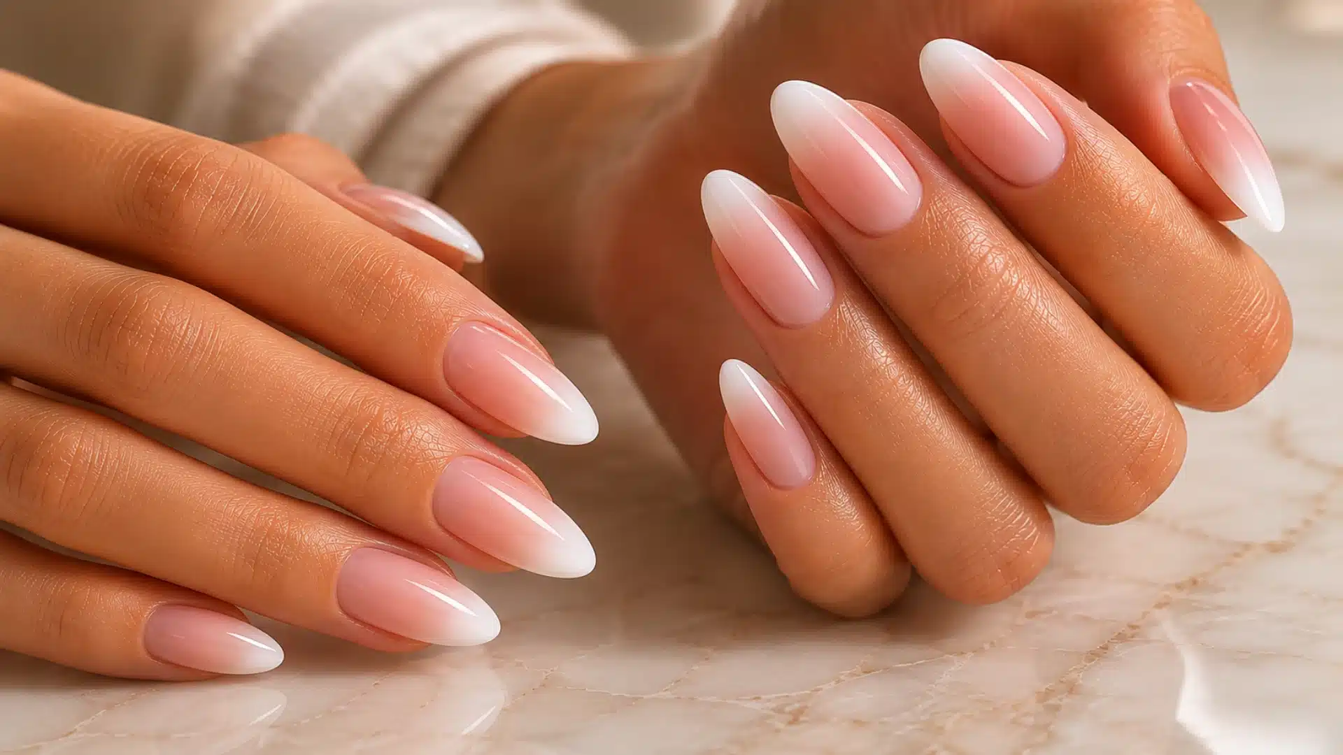 Almond nails with a soft baby boomer ombre French fade from blush pink to cream white