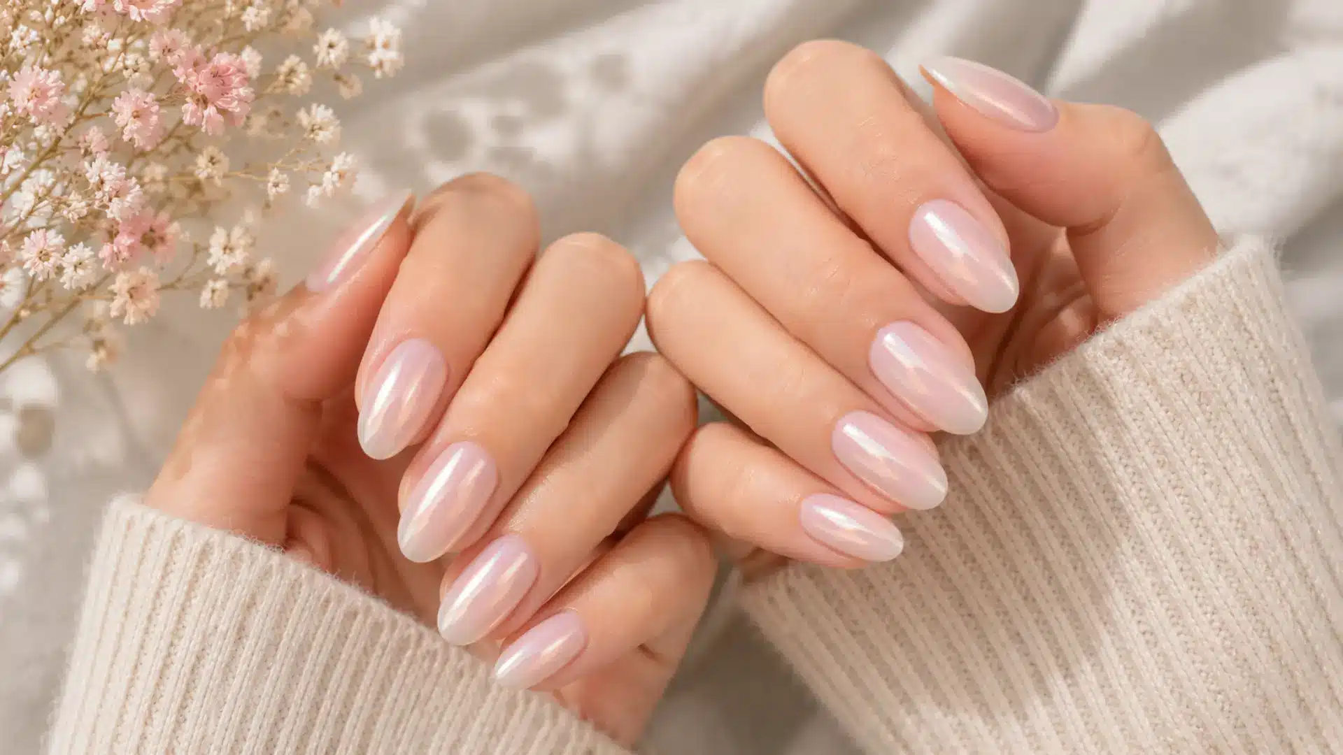Almond shaped nails in pearly milky white polish with glossy finish and cozy cream sweater styling