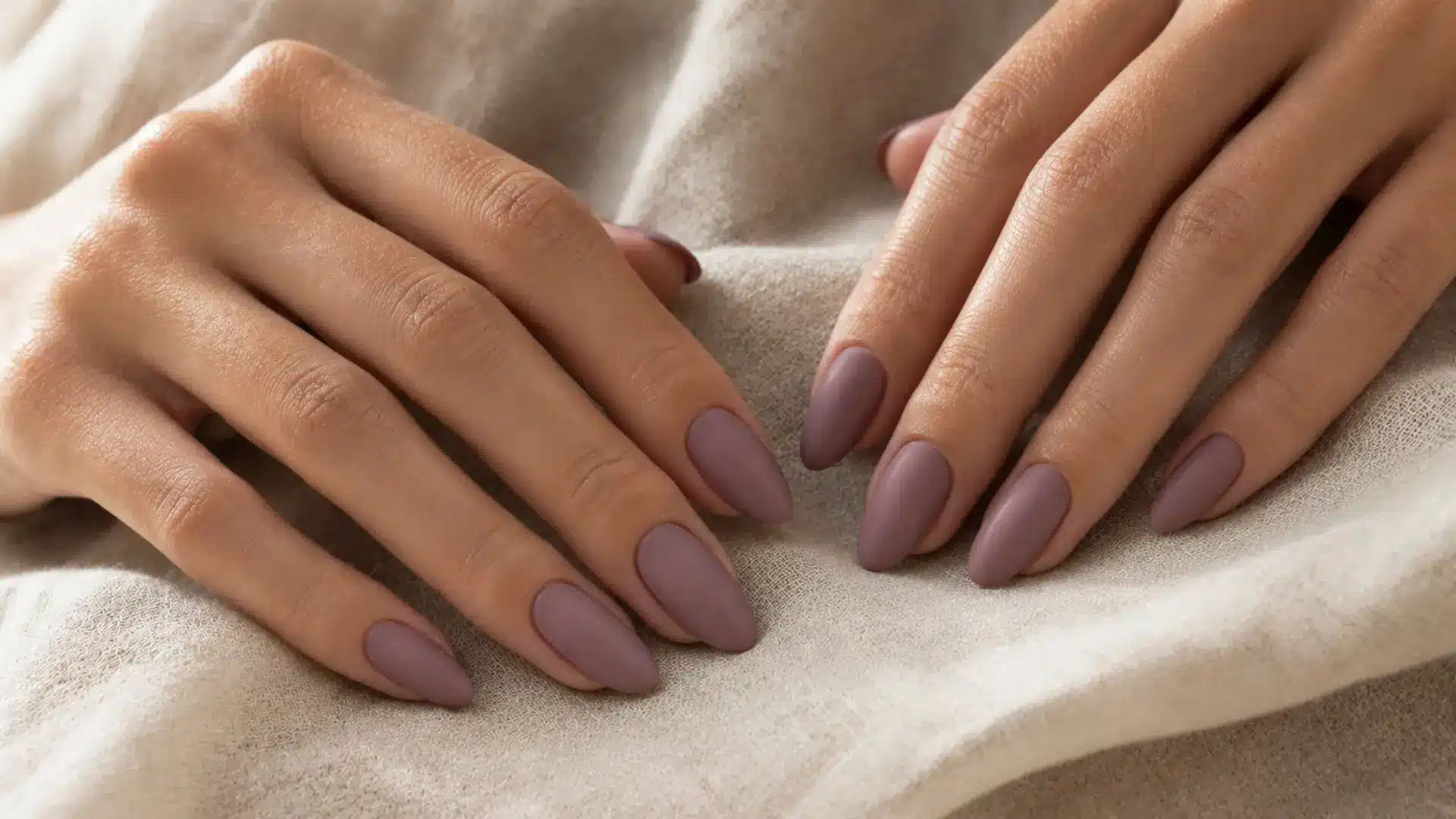 Almond nails in dusty muted mauve polish with a clean matte finish, minimal and refined