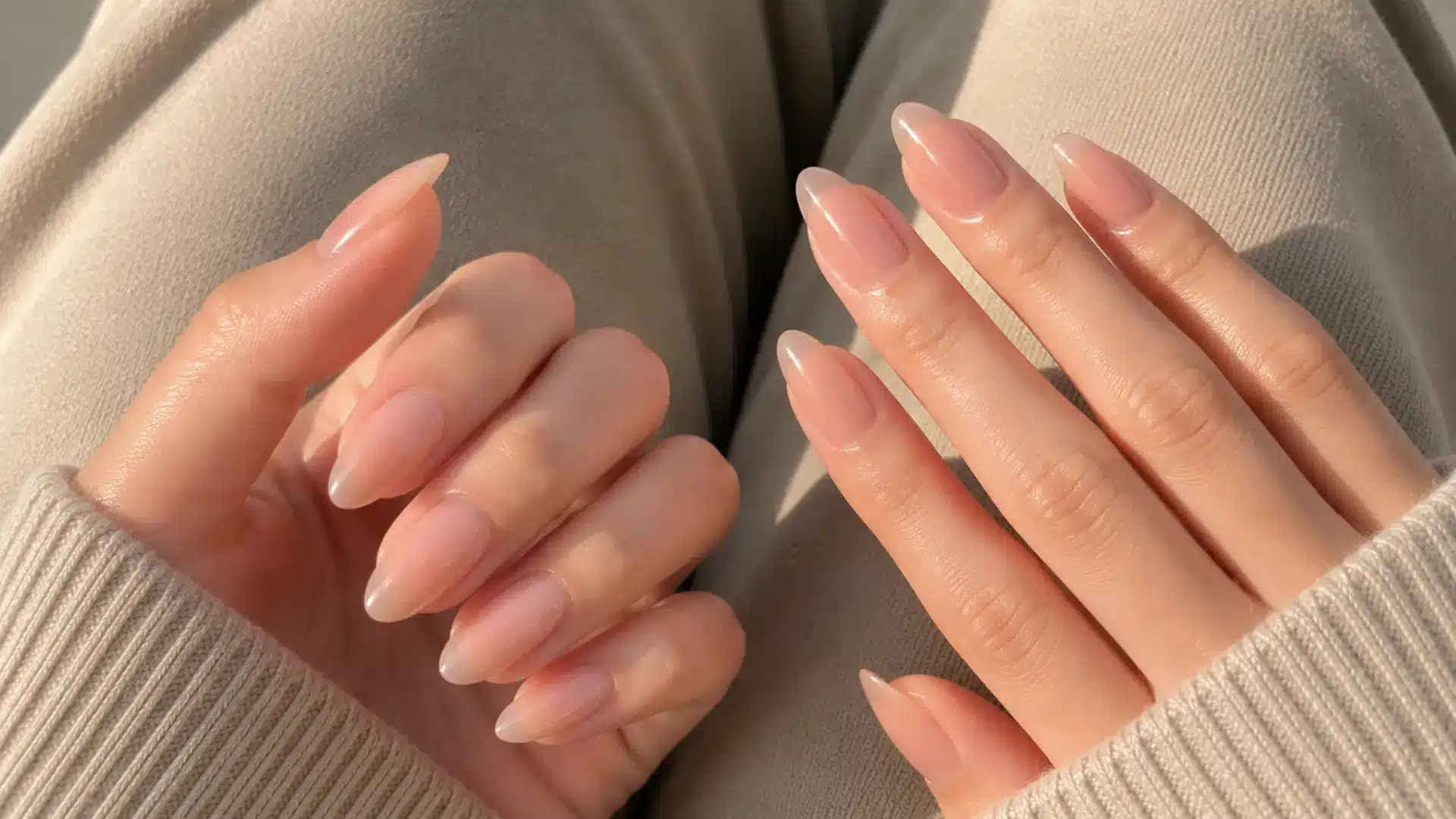 Almond nails with glazed donut chrome powder finish on a soft pink base, mirror-like glow