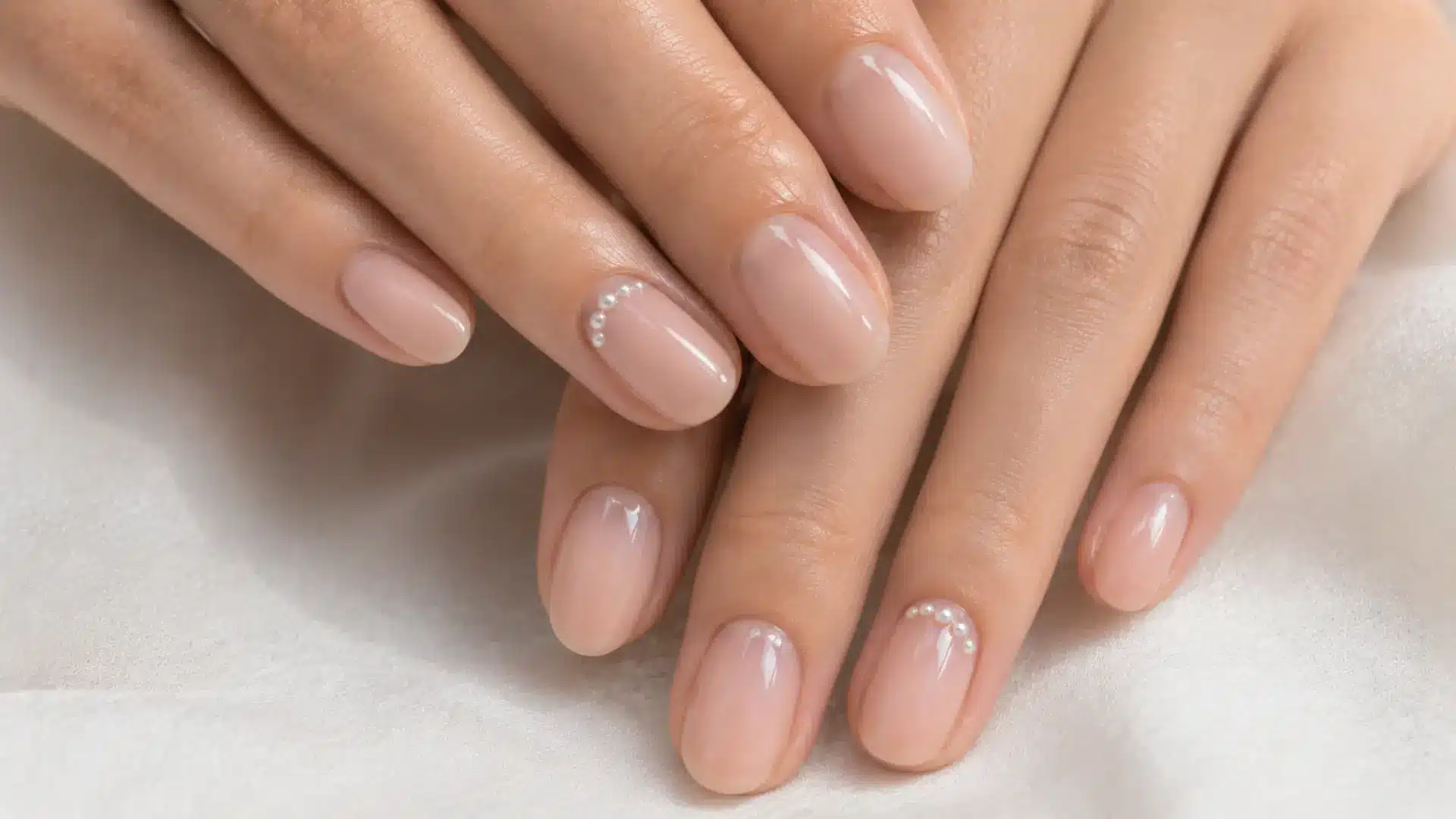 Almond nails with gold leaf foil accent nail on sheer nude base, catching warm natural light