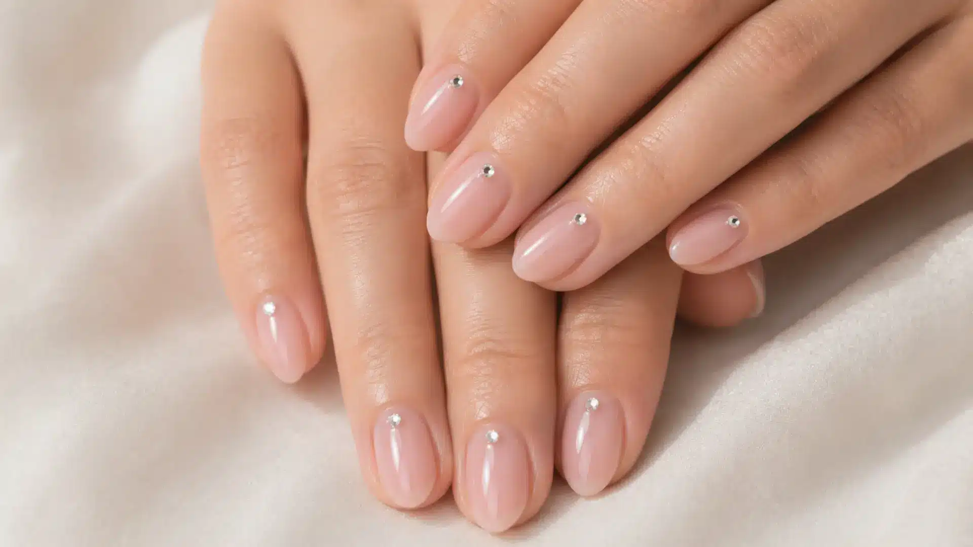 Almond nails with one tiny rhinestone at the base of each nail on a sheer pink base