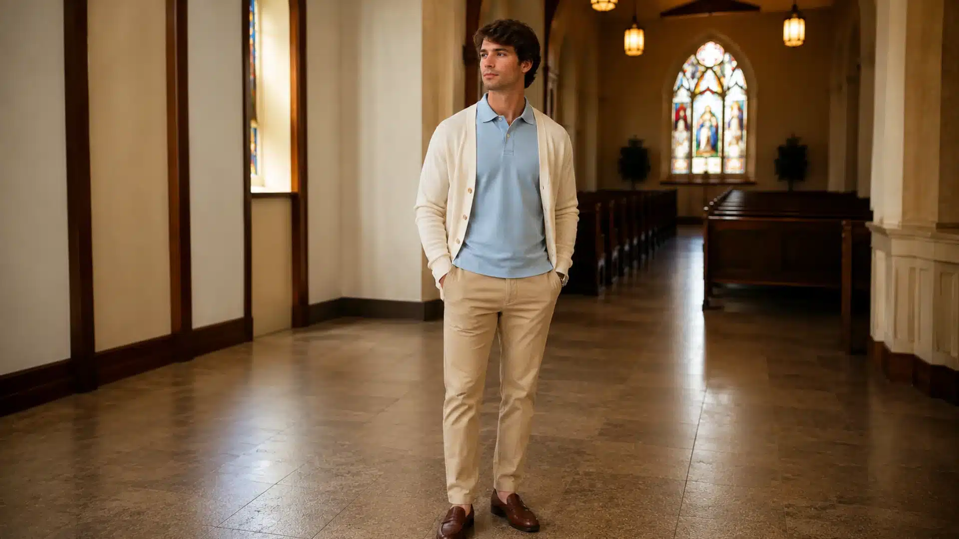 A man in a cream cardigan, light blue polo, and khaki pants stands in a church aisle with stained glass