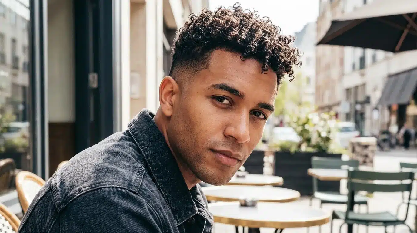 A man with a curly high-top fade and denim jacket sitting at an outdoor cafe with a blurred city street background.