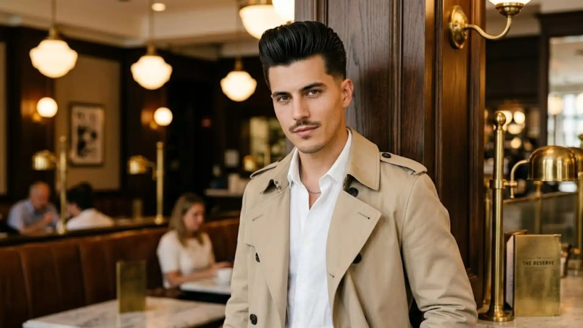 A man with a pompadour and trench coat leans against a wooden pillar in a restaurant