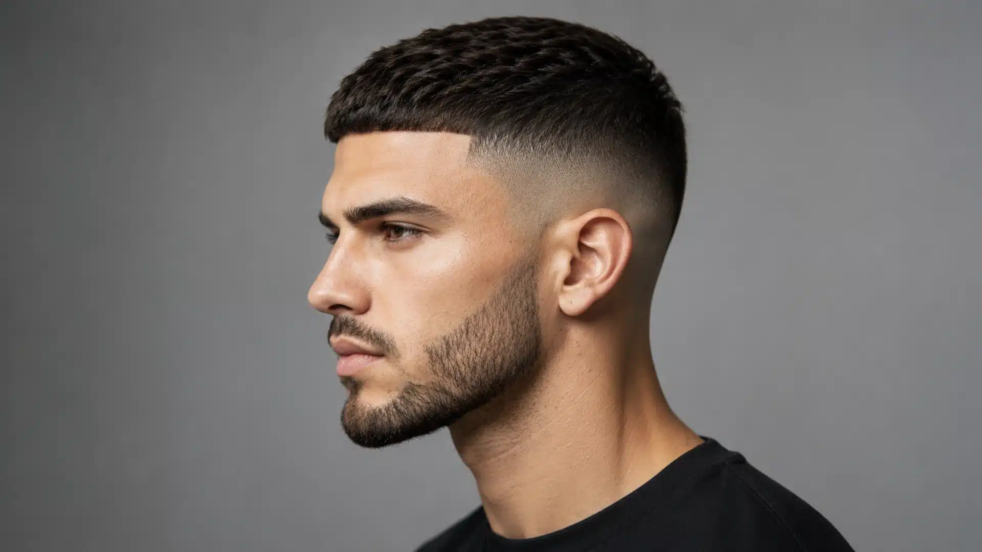 A man with a precise buzz cut, sharp skin fade, and groomed beard is shown in a side profile against a grey wall.