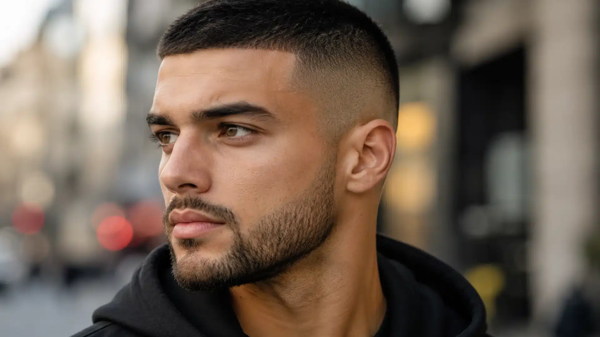 A man with a short buzz cut, high skin fade, and neat beard looks to the side on a blurred city street