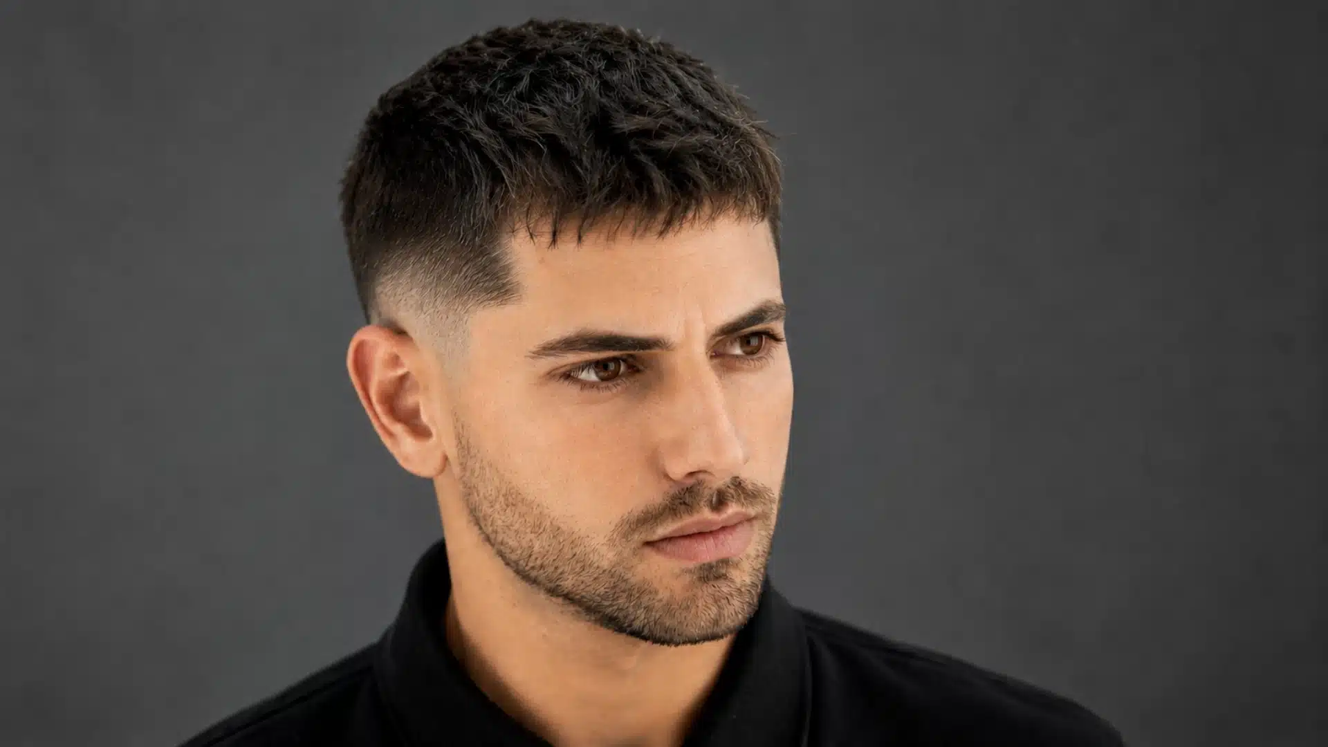 A man with a short crop haircut, skin fade, and stubble beard, looking to the side against a grey background.