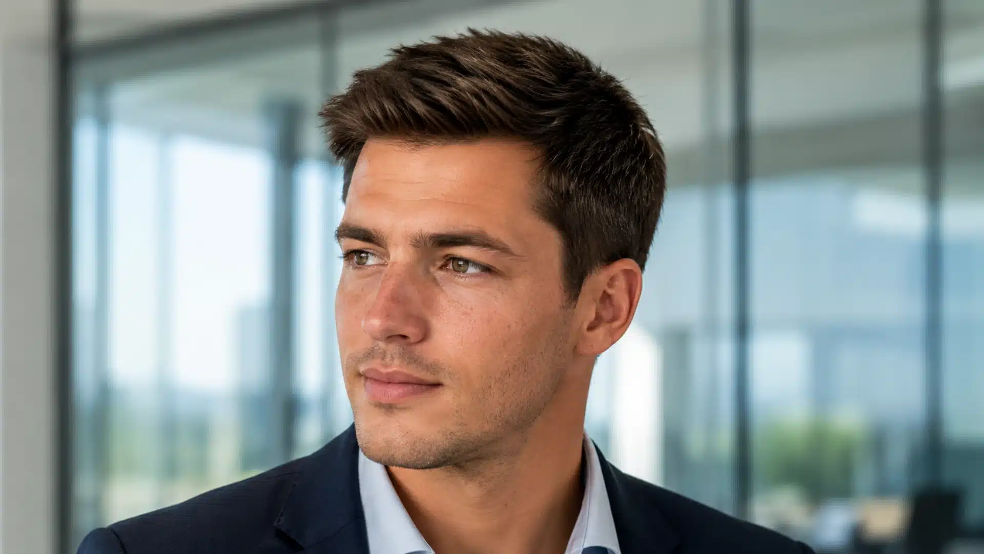 A man with a short, textured crew cut and slight stubble wearing a suit jacket looks to the side in an office.
