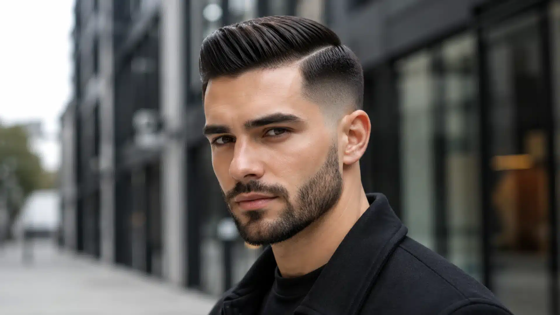 A man with a slicked-back side part, sharp skin fade, and neat beard looks forward on a city street