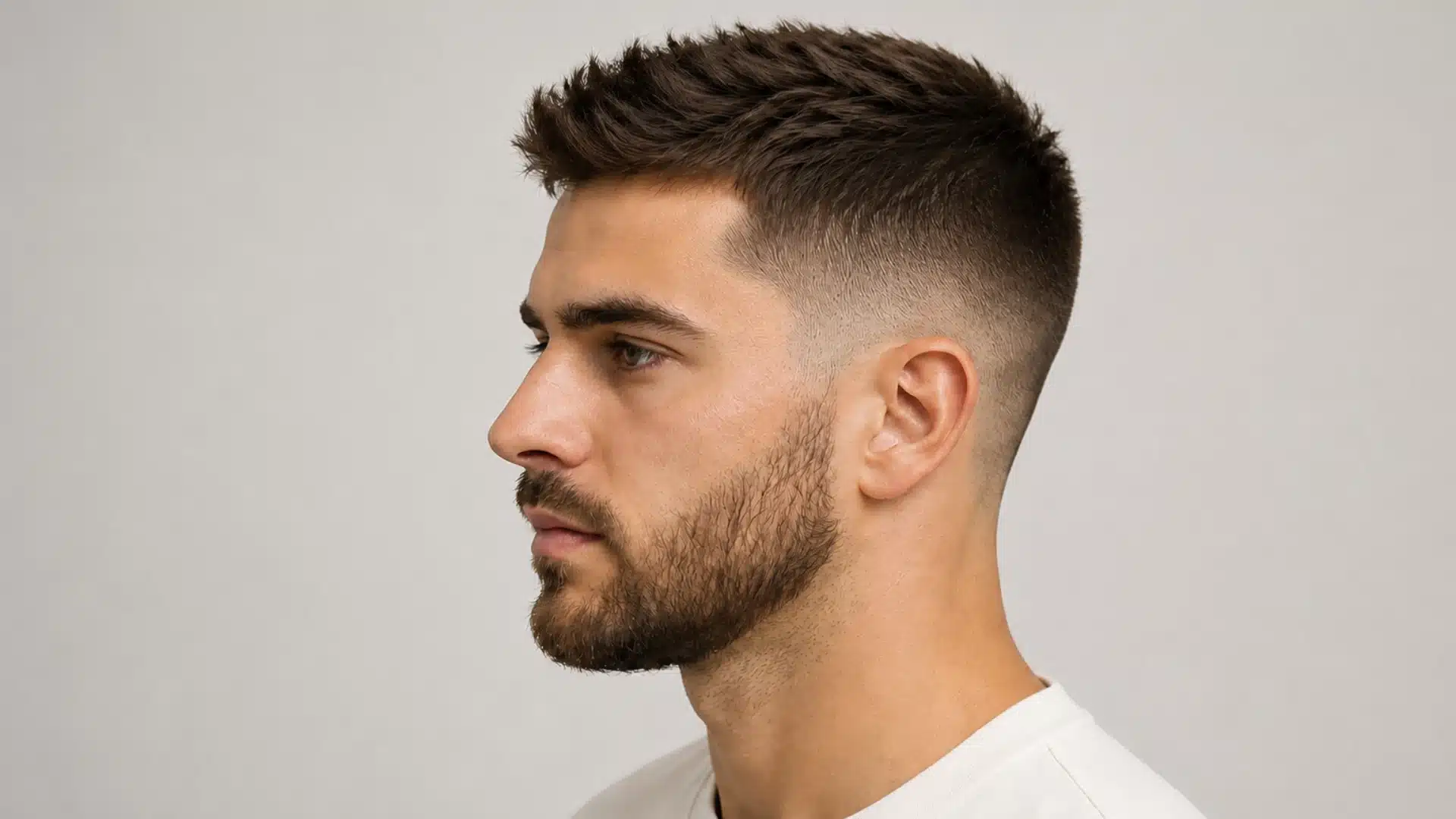 A man with a textured crew cut, mid skin fade, and trimmed beard is shown in profile against a light wall