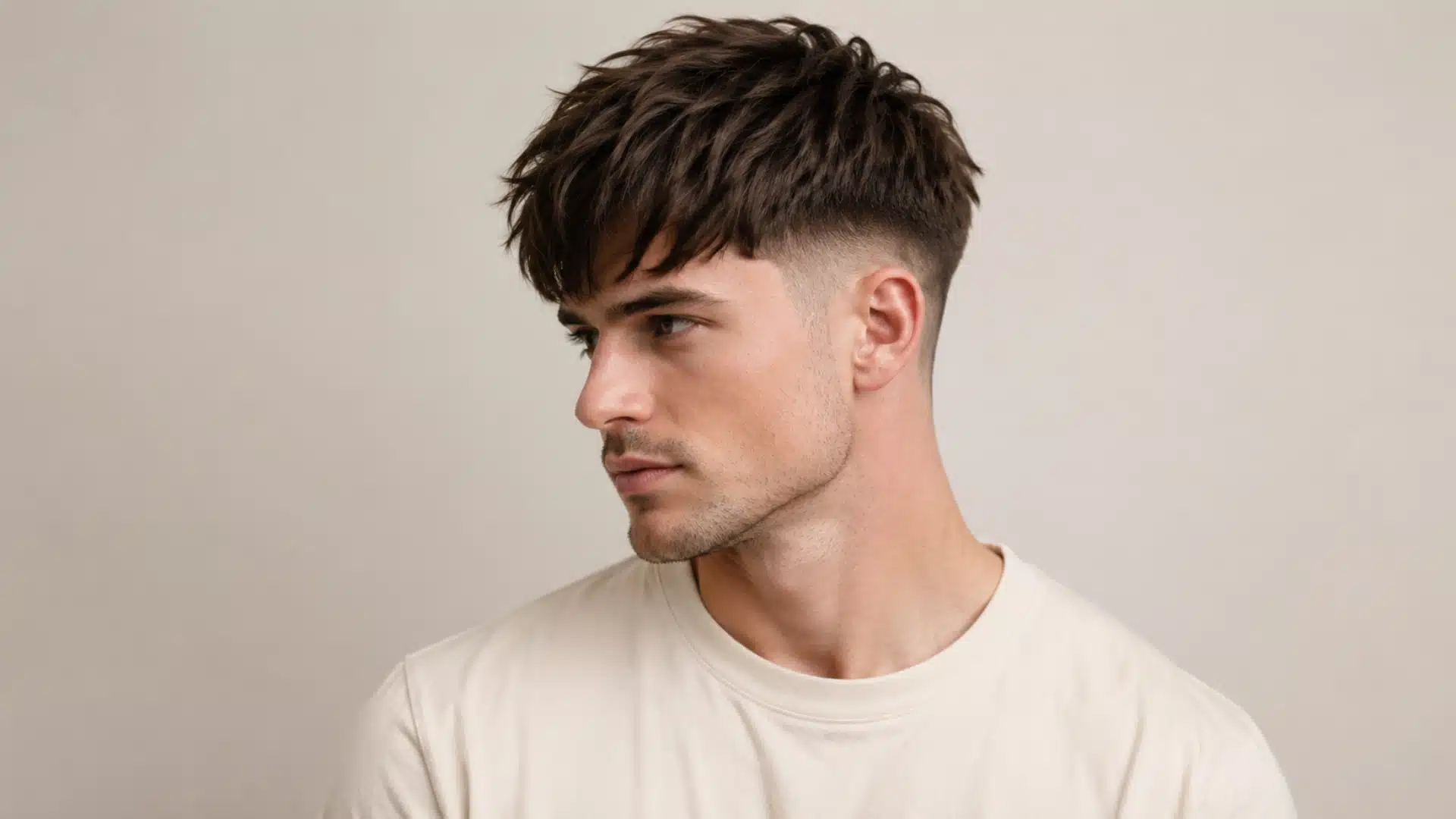 A man with a textured crop haircut and a skin fade looks to the side against a neutral backdrop