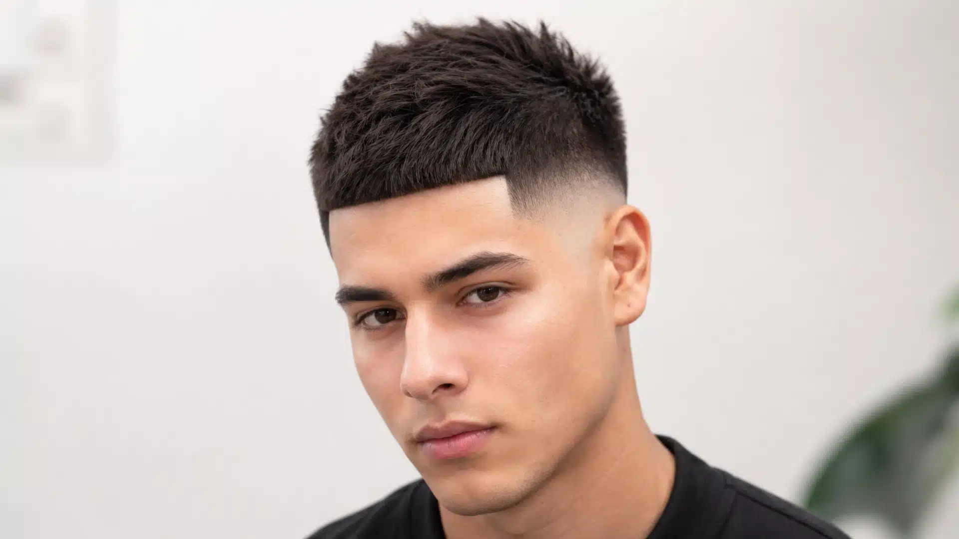 A man with a textured, modern pompadour haircut and a high skin fade looks slightly to the side against a grey wall