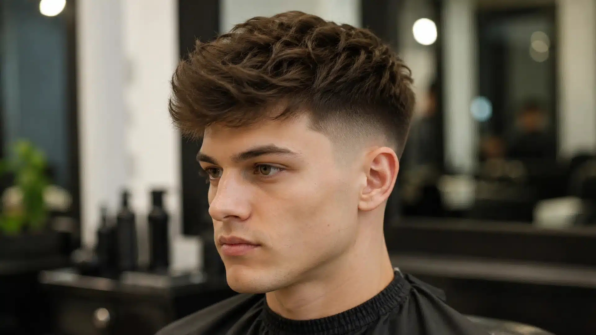 A man with a textured, voluminous haircut and a clean mid-fade looks to the side inside a barbershop.