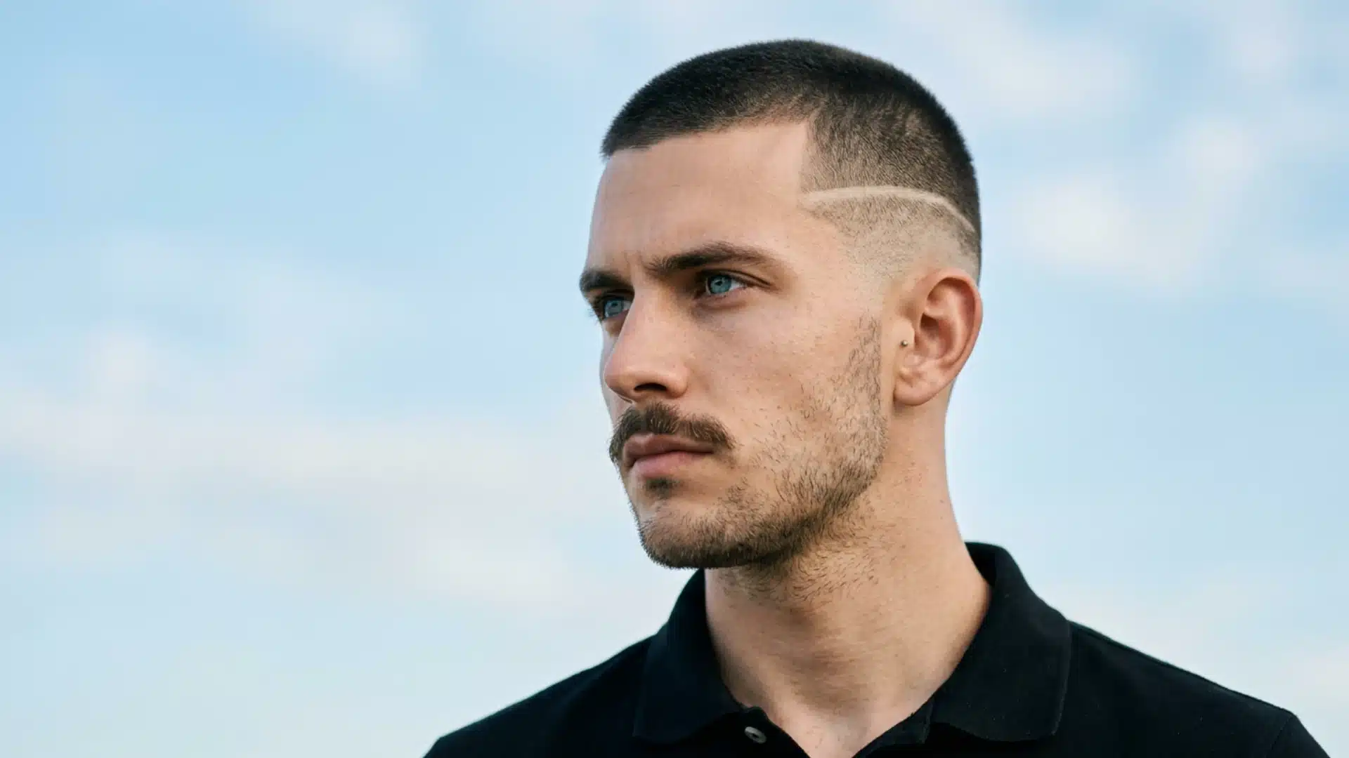 A man with blue eyes, a mustache, and a short buzz cut featuring a shaved design line in his high skin fade
