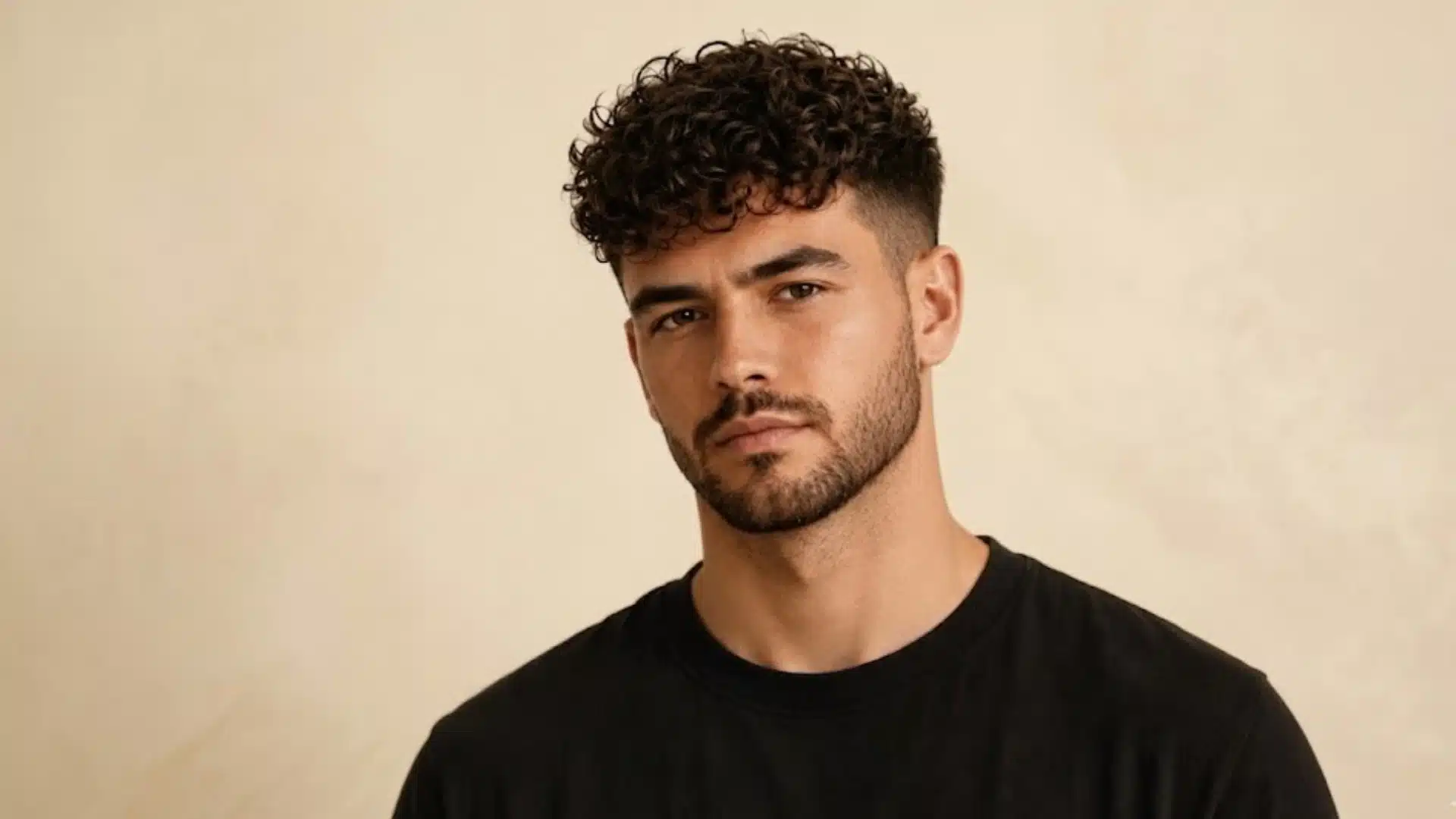 A man with curly dark hair, a fade haircut, and a trimmed beard, wearing a black shirt against a beige background