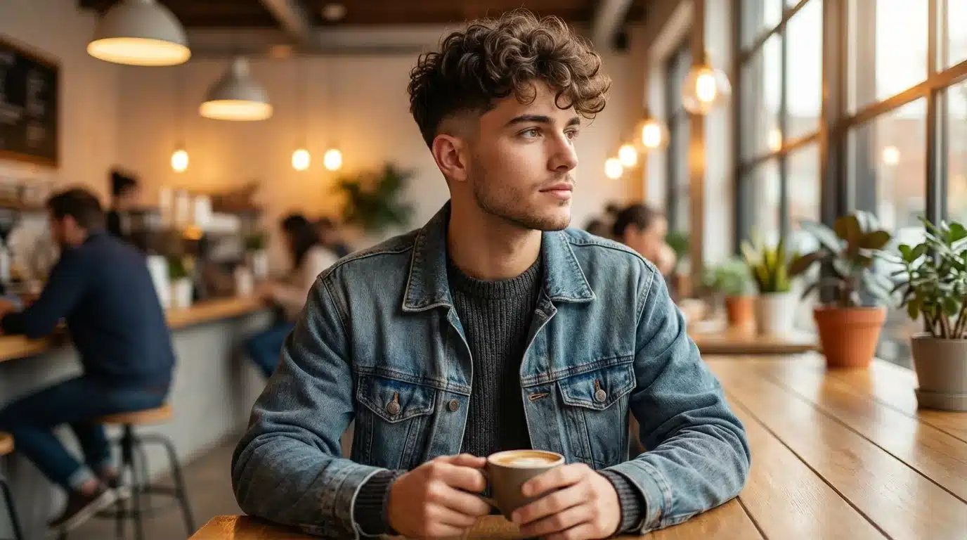 A man with curly hair and a denim jacket holds a cup of coffee while sitting at a wooden table in a sunlit cafe.