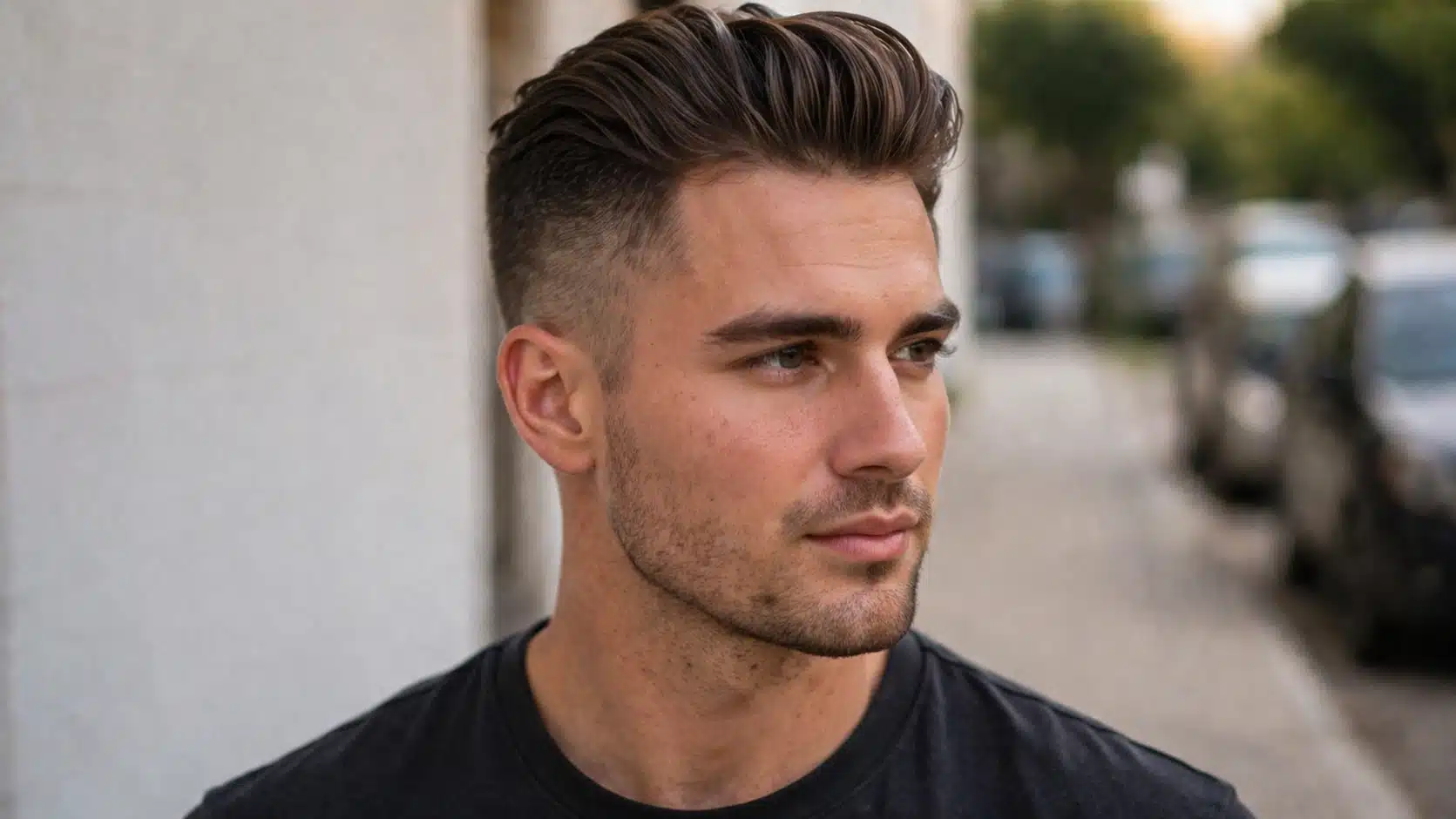 A man with high fade slick back for heart-shaped face, clean sides, light stubble, and softly blurred background