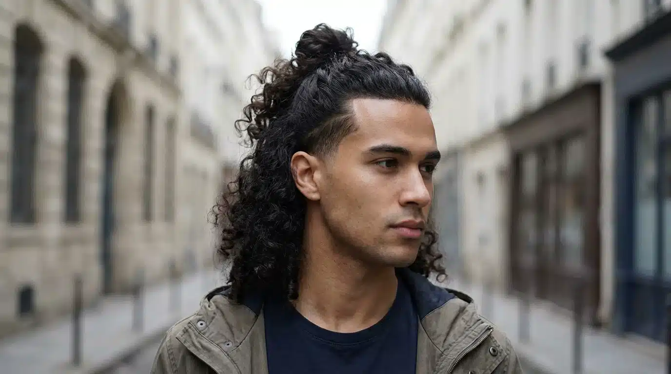 A man with long curly hair in a half-up bun standing on a narrow city street, looking off to the side.
